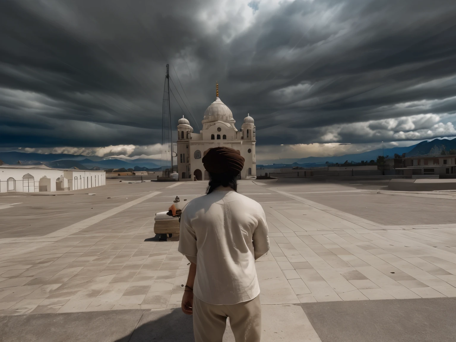 Natural lighting, ultra realistic, clouds, mountains, turban, 