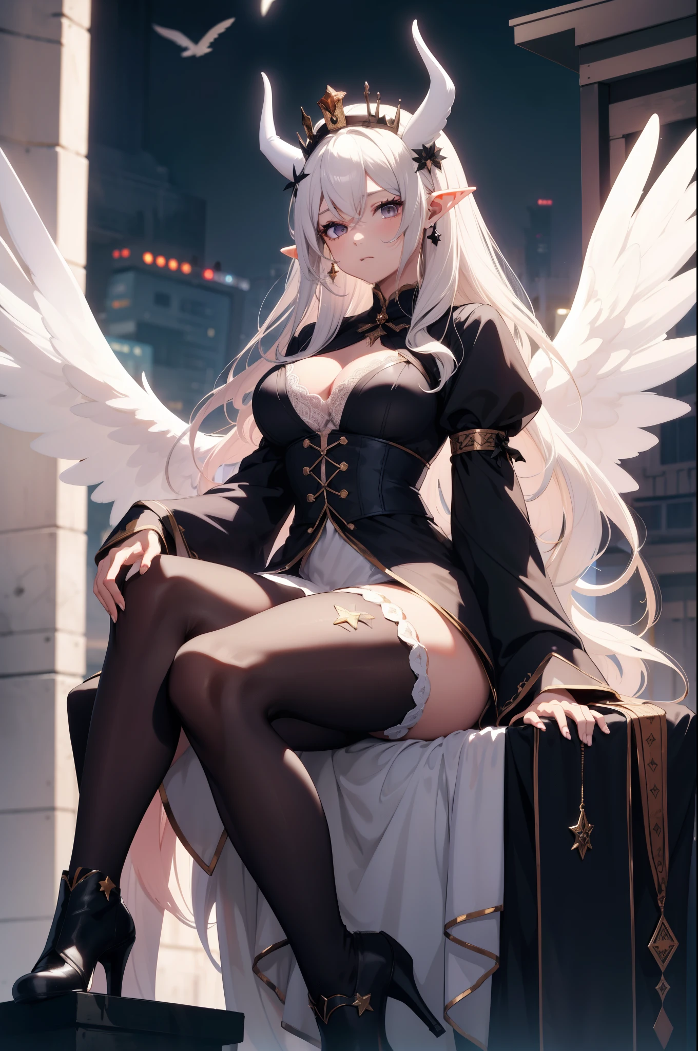giant girl 50,000 feet high,Weight 1000kg,Has a pair of long legs,Open your eyes wide,Has three pairs of huge white angel wings,With huge devil horns on his head,crown on head,Elf wearing white earrings,She has long pink hair that reaches her feet,loose hair,Pink wavy long curly hair,Wearing a pair of black boots,White sleeves,Wearing white lace pantyhose,Pantyhose with bow and star decorations,白色蕾丝whole body,sitting on a tall building,Beautiful appearance,Exquisite makeup,quality,8k,高quality,Perfect proportion, Cinema lighting,film grain,Fuji colors,8k,textured skin,Super details,high detail,high resolution,charming,blood stains,脚底有blood stains,whole body,Obese,elf princess,feather,flowers