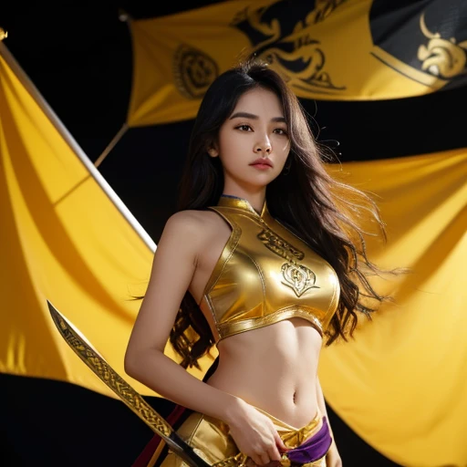 1 girl, solo, holy paladin, cute face, javanese, great keris sword, long yellow wavy hair, gold accent, detailed, backdground big flag of indonesia and keris emblem,