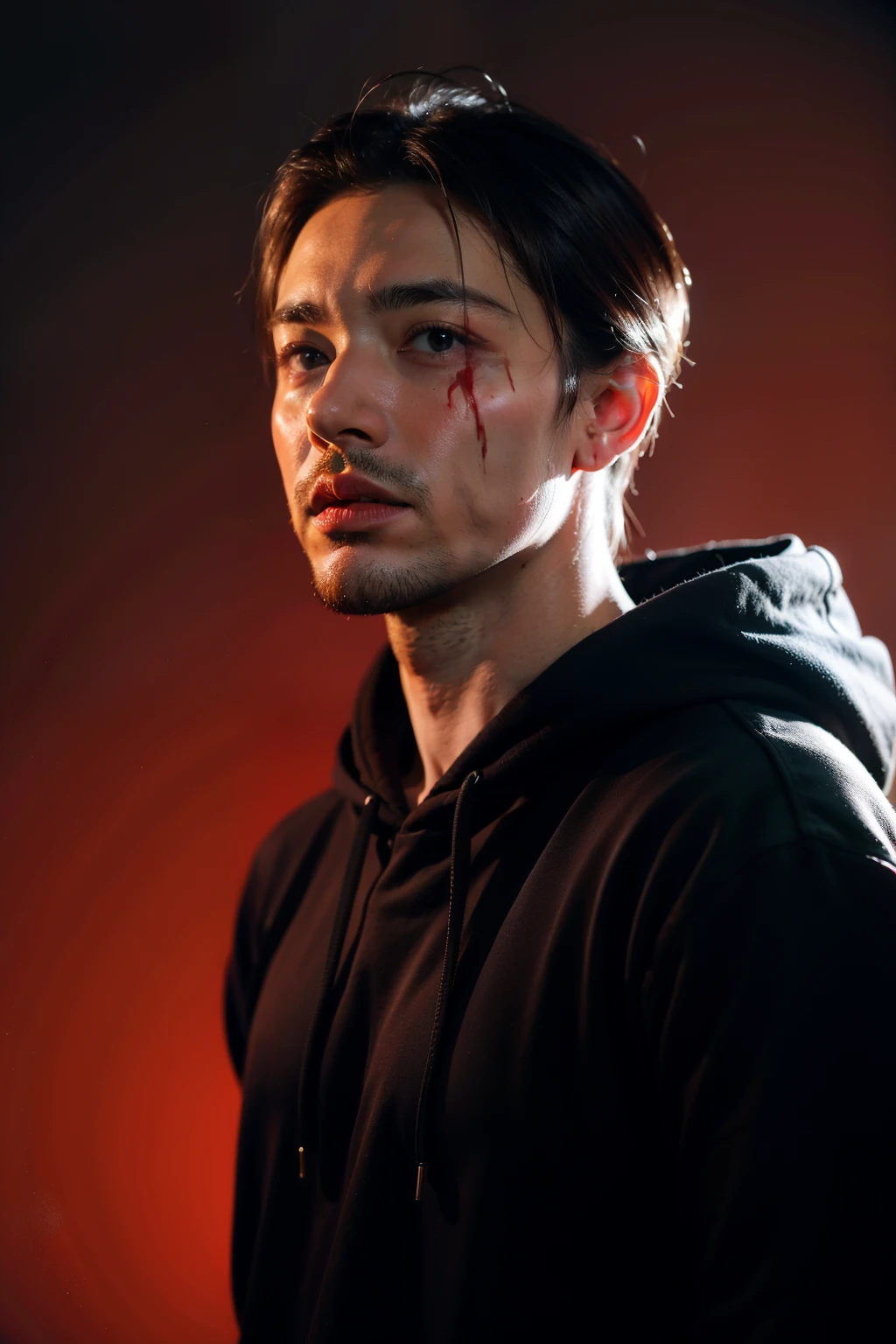 a man,Wearing a black hoodie,Facial features cannot be seen clearly,You can see a little bit of your chin,The faint light behind him hit him,Like a savior in the apocalypse,Dark red background with blood,Suffered a little injury