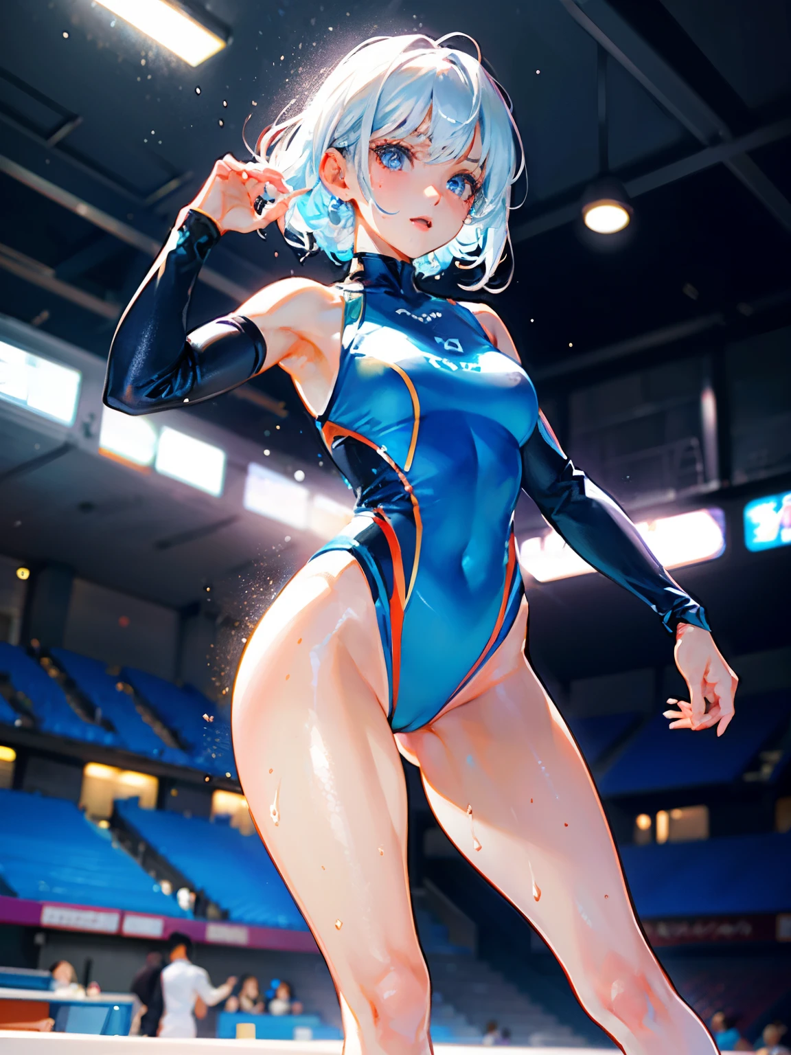 high quality,hd,16k,sharp line,1girl,female figure skate athlete ,cute face, middle breasts, nice legs, sweat,in figure skate venue,focus girl,detailed beautiful face,detailed clothes,beautiful eyes,cool,dynamic angle