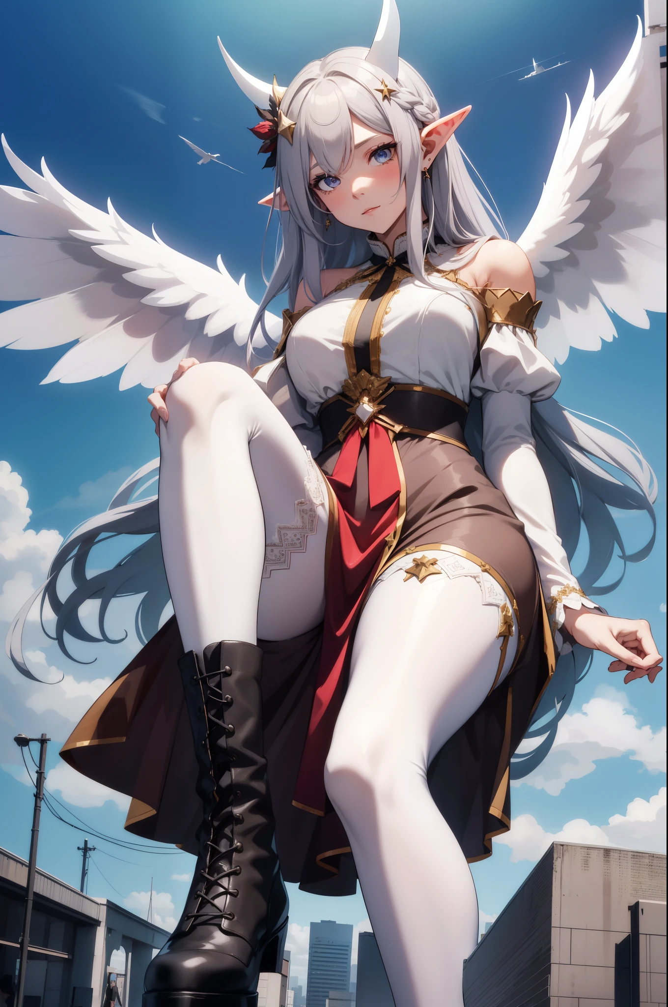giant girl 50,000 feet high，Weight 1000kg，Has a pair of long legs，Open your eyes wide，Has three pairs of huge white angel wings，With huge devil horns on his head，crown on head，Elf wearing white earrings，She has long pink hair that reaches her feet，loose hair，Pink wavy long curly hair，Wearing a pair of black boots，White sleeves，Wearing white lace pantyhose，Pantyhose with bow and star decorations，白色蕾丝whole body，sitting on a tall building，Beautiful appearance，Exquisite makeup，quality，8k，高quality，Perfect proportion, Cinema lighting，film grain，Fuji colors，8k，textured skin，Super details，high detail，high resolution，charming，blood stains，脚底有blood stains，whole body，Obese，elf princess，feather，flowers