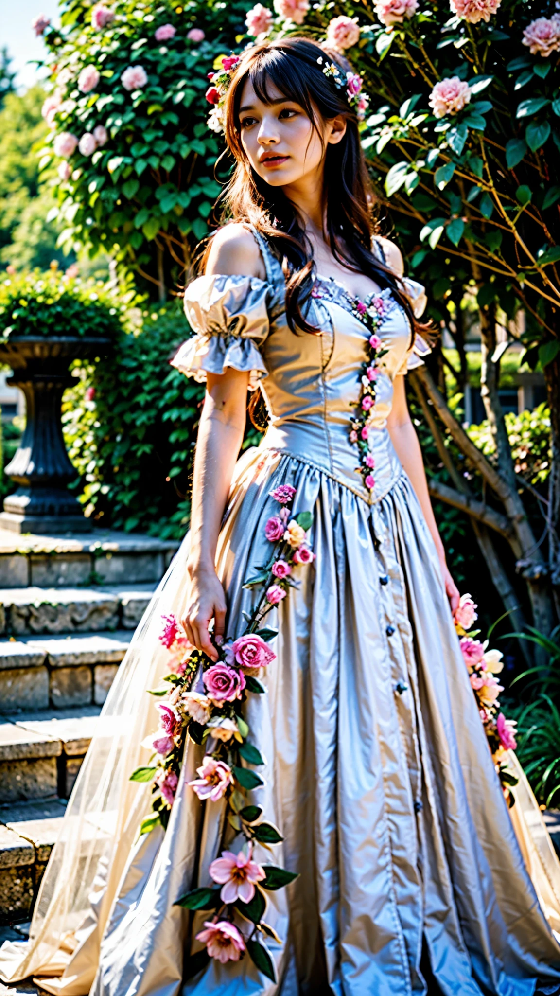 a woman in a dress with flowers on it standing in front of a flower bush, romantic dress, fantasy dress, lady with glowing flowers dress, 8k)), detailed dress and face, magical dress, victorian dress, beautiful fantasy maiden, beautiful dress, romantic gown, beautiful maiden, gown, dreamy and detailed, dressed beautiful gown, fairytale style