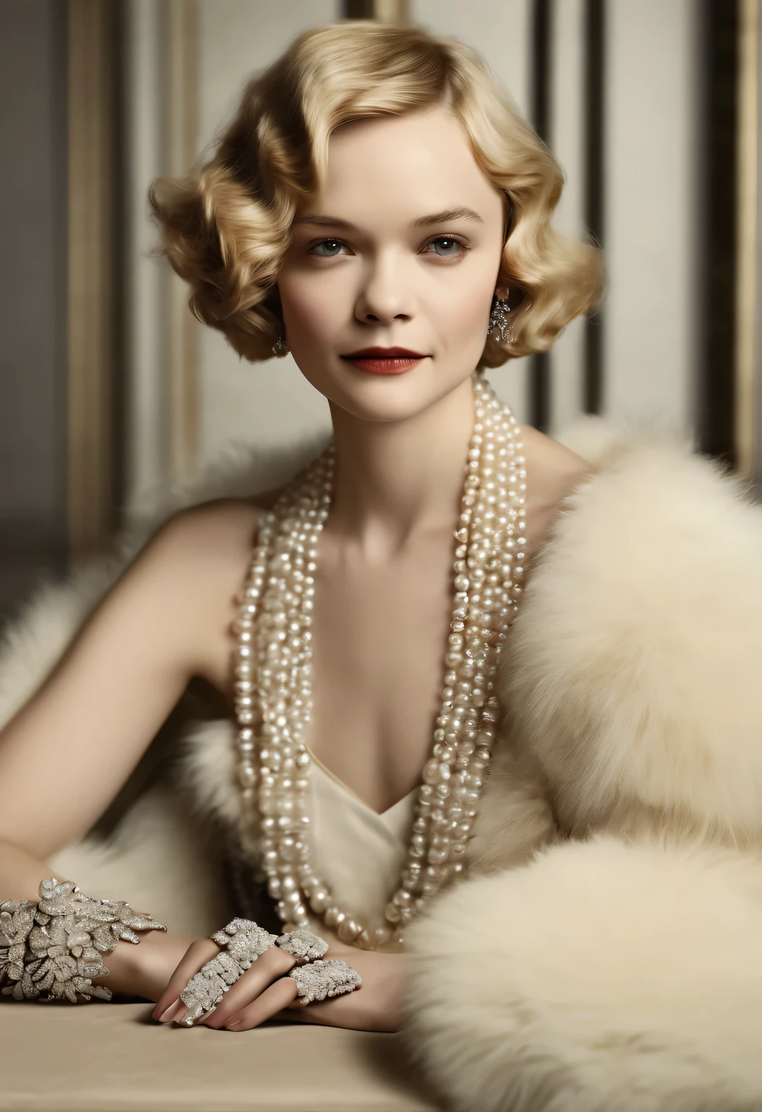 magazine design style , portrait,
(Carey Mulligan (Carey Mulligan) Sitting at the table wearing a high-end fur coat),stills ,vintage ,The atmosphere of the 1920s, Art Deco, (blond:1.34),(Fur coat has delicate texture,smooth visible velvet),Wear pearl jewelry,Advanced custom lace clothing,perfect fingers,(bright, White skin),(Stacking accessories),Luxurious and plump pearls,everything is clear,Composed of beads and brilliant diamonds,Pearls are usually round,Every bead is carefully selected and polished,Smooth and delicate surface,Soft shine。Diamonds are the most dazzling part of the bracelet,They are cleverly mounted on metal frames,Contrast with pearls,Make the whole bracelet look noble and elegant。 ,gorgeous、Exquisitely crafted diamond rings and bracelets,crown,Dressed in 1920s fashion, 1920s hairstyles, 1 9 2 0 s style, 1 9 2 0 clothes, 1 9 2 0 s fabric style,Art Deco,(best quality,8k,high resolution,,super detailed,(actual,lifelike,lifelike的:1.37),super clear,portrait,Creative style artwork,,classical,