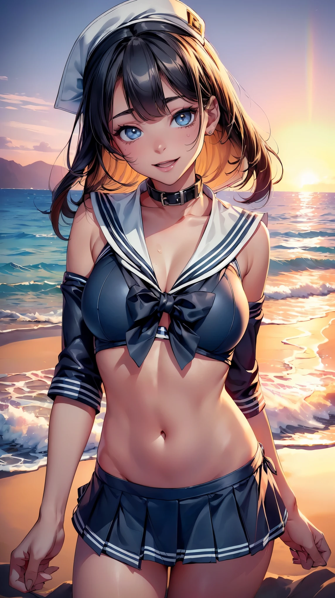 (8K, RAW photo, 最high quality, masterpiece: 1.2), High-definition RAW color photo, Professional photo shoot, cinematic light, dynamic angle, dynamic pose, (((young woman, gal))), (Sharp features), (Big eyes), (small face), (high detail skin: 1.2), clavicle, cute face, beautiful appearance, long eyelashes, (rainbow hair, Rainbow Eye), (beautiful breasts:1.5), (slim body:1.5), very detailed顔と肌の質感, fine eyes, natural makeup,(((sailor bikini with collar:1.5, No sleeve, No hats to wear:1.2, micro mini skirt:1.5))), sexy woman, Sheer swimsuit, (((Frolicking on the edge of the waves:1.9, splash of water))), (female masturbation), ((open your mouth)), Enjoying the act, ((Sandy beach at dusk, Backlight)), staring eyes, ((smiling)), beautiful skin, shiny skin, perfect fingers, five fingers, anatomically correct, background bokeh, high quality, surreal, bright colors, ((very detailed, photo shoot)),