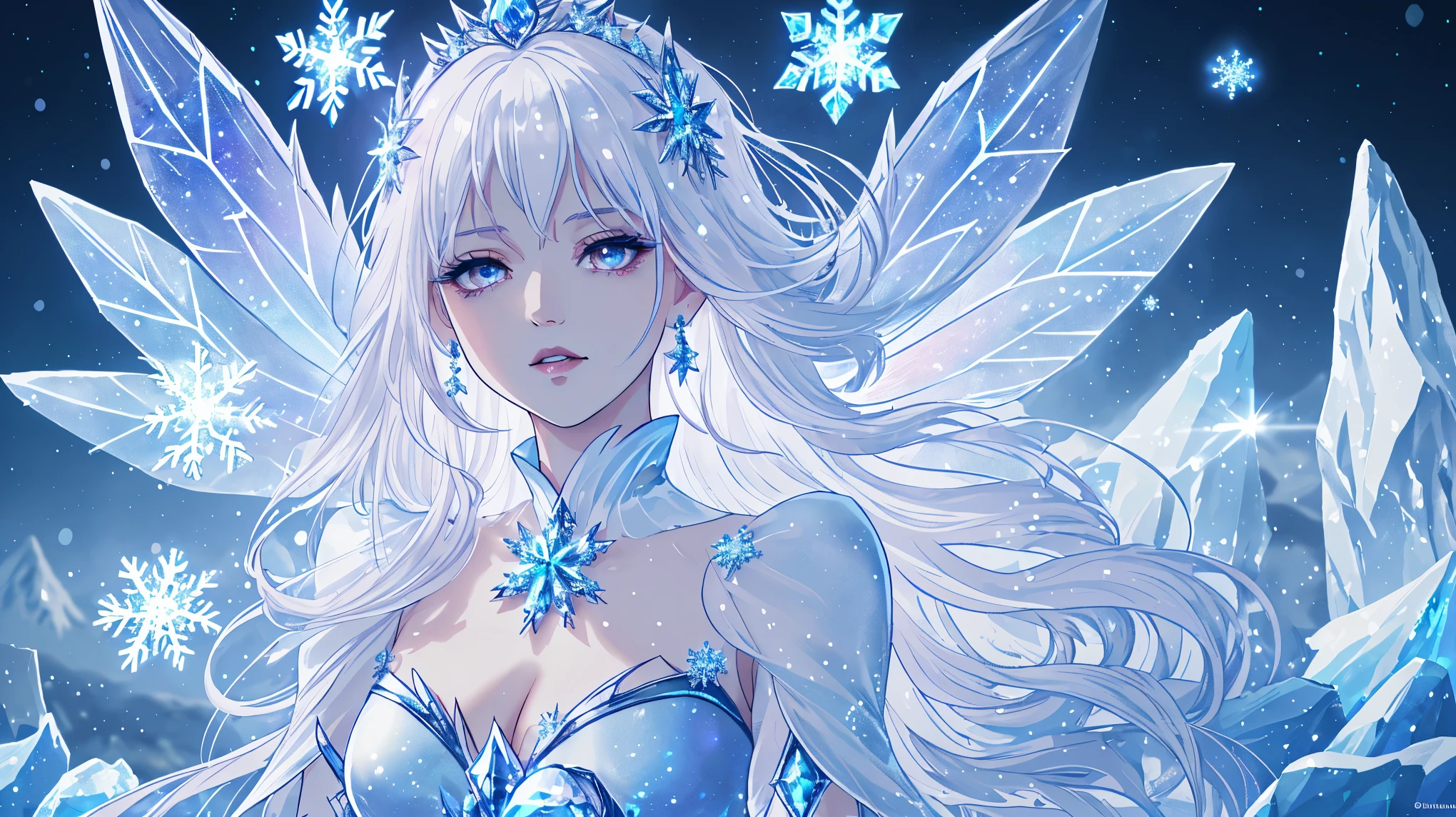 8K resolution，highest quality，Ultra-clear details，queen of ice:1.3，snowflake，goth style，white hair，Epic composition，Fairy temperament，untidy，masterpiece，gentle，，soft