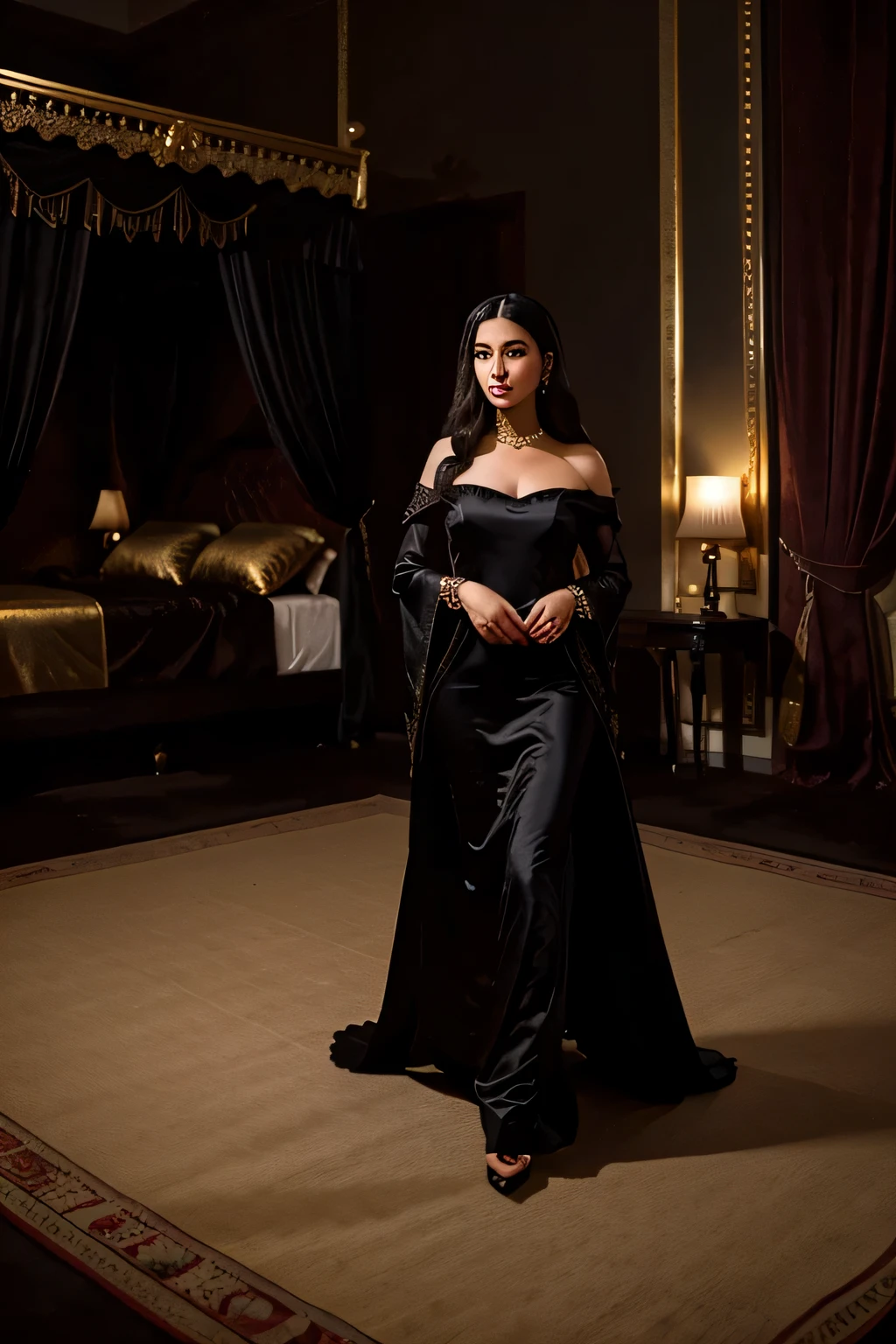 Arabian princess with black silk gown in an expensive royal room with exquisite meal,incense and gold round her around her