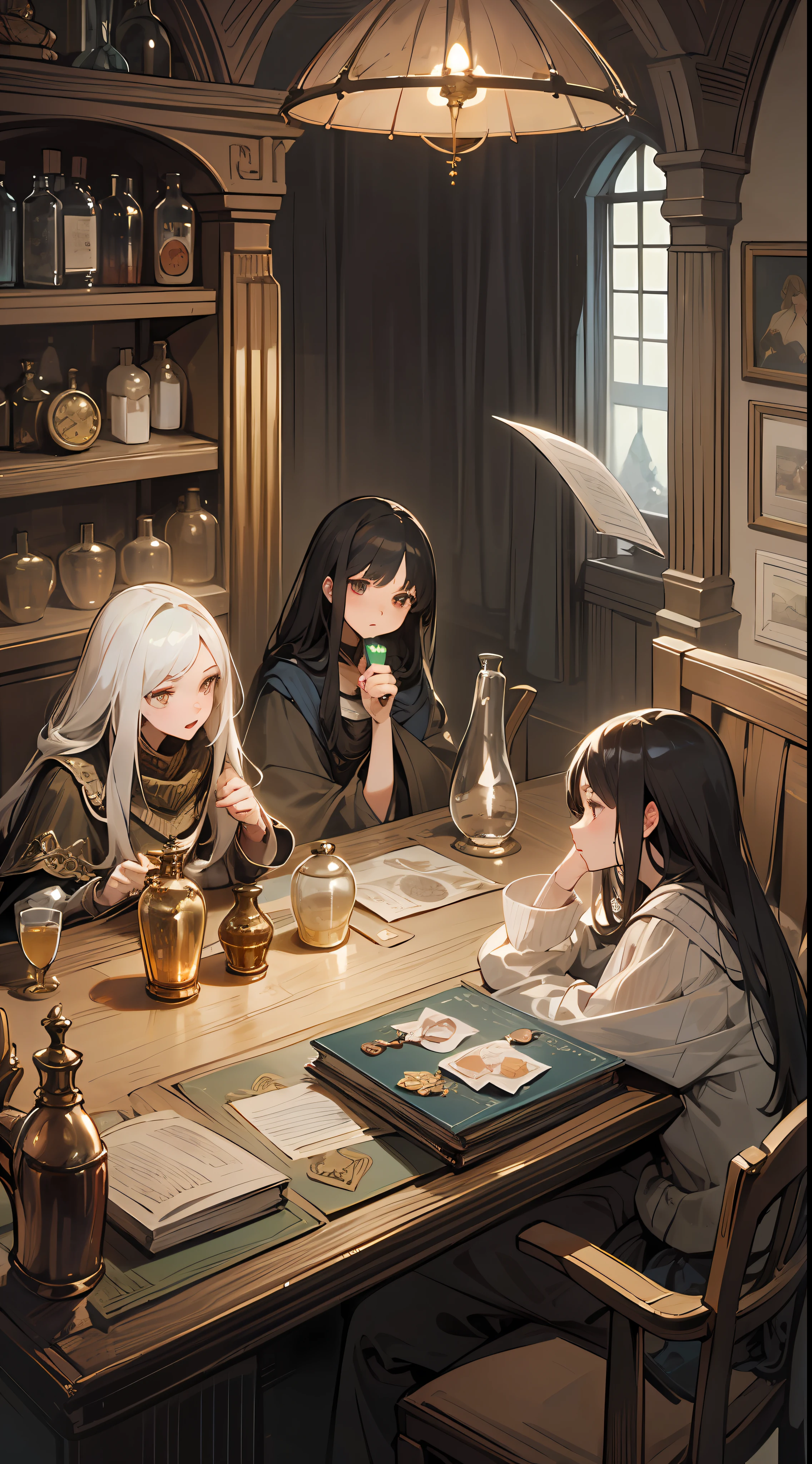 top quality, detail, 8k, 4K, HD, detailed, Black Rapunzel Witch, upper body in the picture, holding a flask with medicine, The dark room of the Adventurer&#39;s Guild, ((A few girls)), characters of various colors, (dream world), winter night,