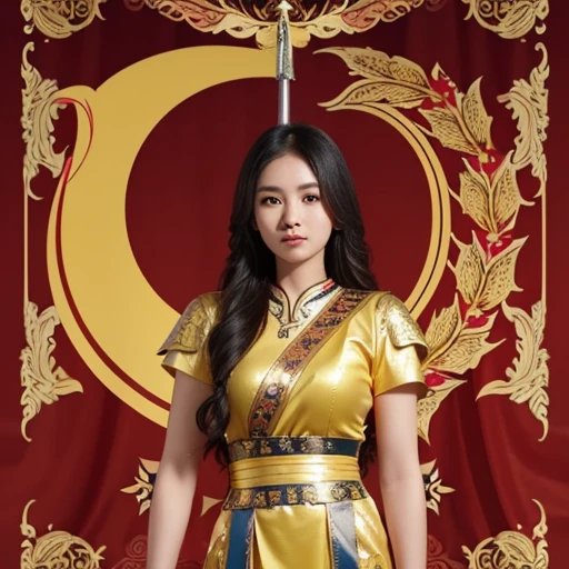 1 girl, solo, holy paladin, cute face, javanese, great keris sword, long floral gold dress, long yellow wavy hair, gold accent, detailed, backdground big flag of indonesia and praja cihna emblem.
