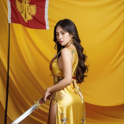 1 girl, solo, holy paladin, cute face,  javanese, great keris sword, long floral gold dress, long yellow wavy hair, gold accent, detailed, backdground big flag of indonesia and praja cihna emblem.