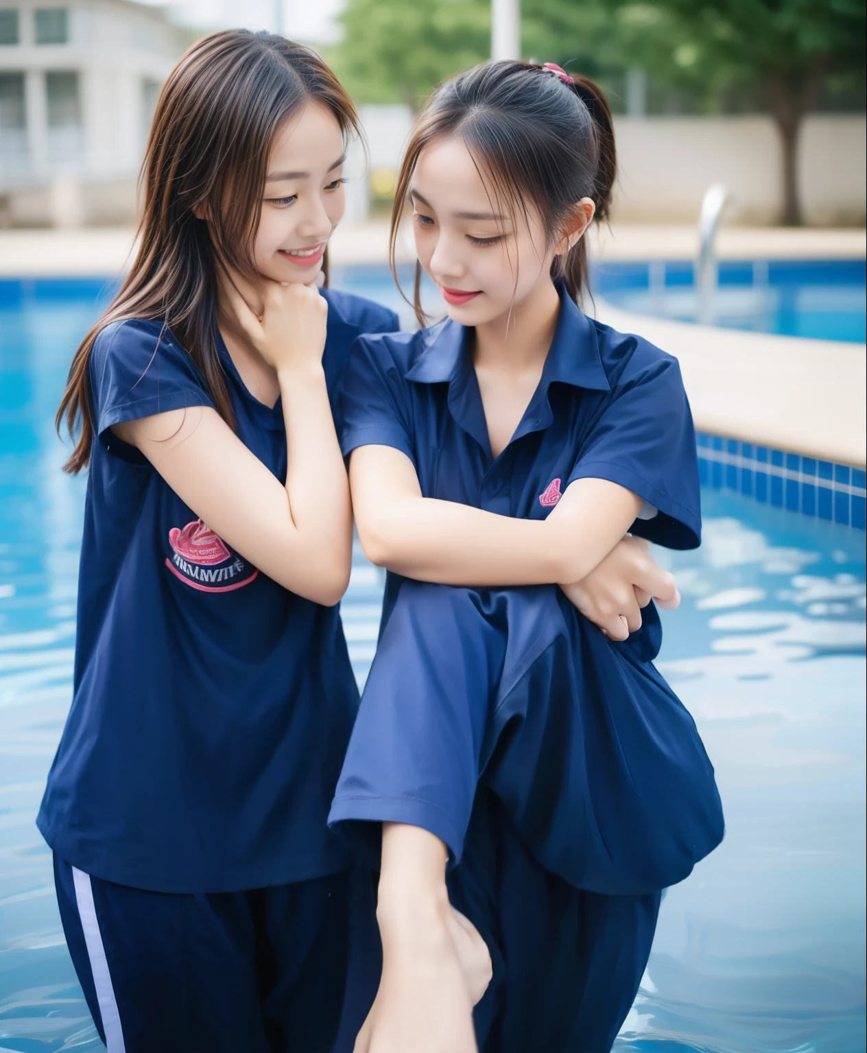 2 girls in the swimming pool, Navy blue short-sleeved shirt,Navy Long Trackpant,Sweatpants, Sweatpantsขายาว,25 year old girl, lesbian, sexy, exercise clothes, wet body