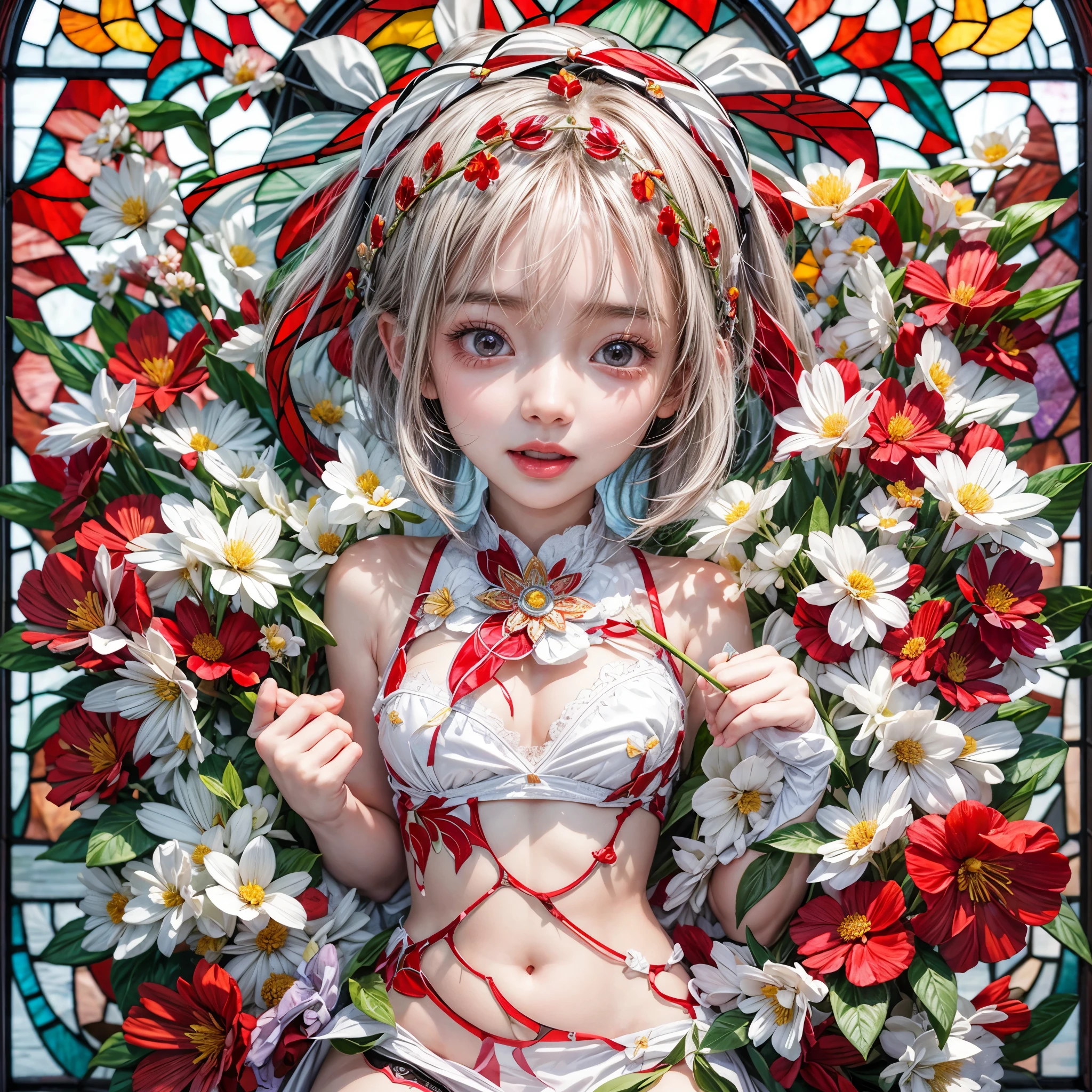White and Red, Masterpiece, (physically-based rendering with ultra-detailed, (realistic and (photorealistic:1.37) with touch of rawness), Acutance:0.8) . A group of KAWAII girls in Cut-off uniform with opened Cleavage . (((extremely detailed KAWAII face variations)) with joyful expressions), { Navel | pretty Ass | (Overflowing underboob) | White panties with (blood seeping only in crotch area) | (full of Flowers covering girl's body) | ((Dazzling colorful stained glass with stunning elaborate details:1.2)) | A Dazzling Halo Floating above girl's head } . (Exposed:1.2), ((nipple:-0.9)), (not Detailed fingers:-0.9) .