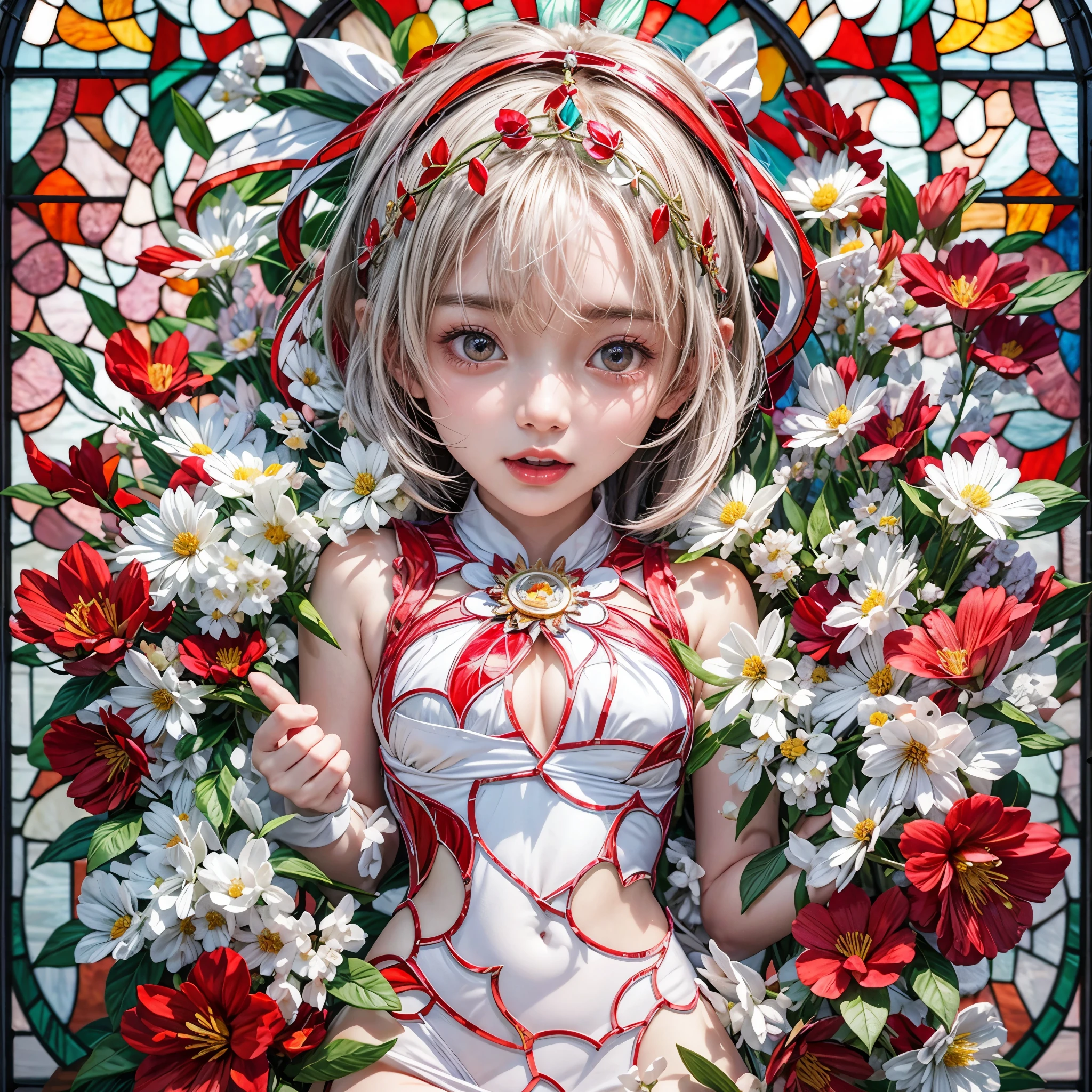 White and Red, Masterpiece, (physically-based rendering with ultra-detailed, (realistic and (photorealistic:1.37) with touch of rawness), Acutance:0.8) . A group of KAWAII girls in Cut-off uniform with opened Cleavage . (((extremely detailed KAWAII face variations)) with joyful expressions), { Navel | pretty Ass | (Overflowing underboob) | White panties with (blood seeping only in crotch area) | (full of Flowers covering girl's body) | ((Dazzling colorful stained glass with stunning elaborate details:1.2)) | A Dazzling Halo Floating above girl's head } . (Exposed:1.2), ((nipple:-0.9)), (not Detailed fingers:-0.9) .