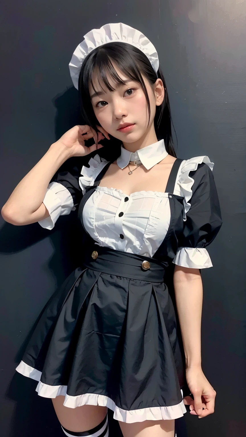 Maid clothesを着た女の子、16 years old、Maid clothes、No sleeve、mini skirt、master piece：1.3）、（clear pictures）、Raw photo、（highest quality、master piece：1.2）、realistic skin texture、（detailed background : 1.2)、