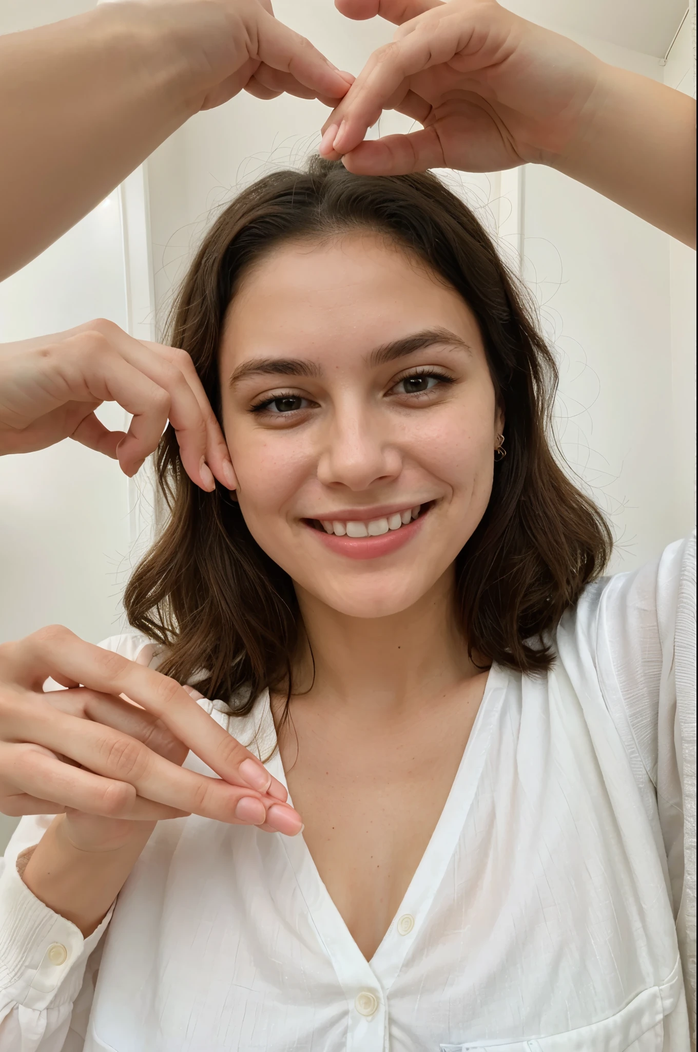 RAW, selfie, of a beautiful woman, smiling doing okay sign with her clean finger, perfect hands, real hands