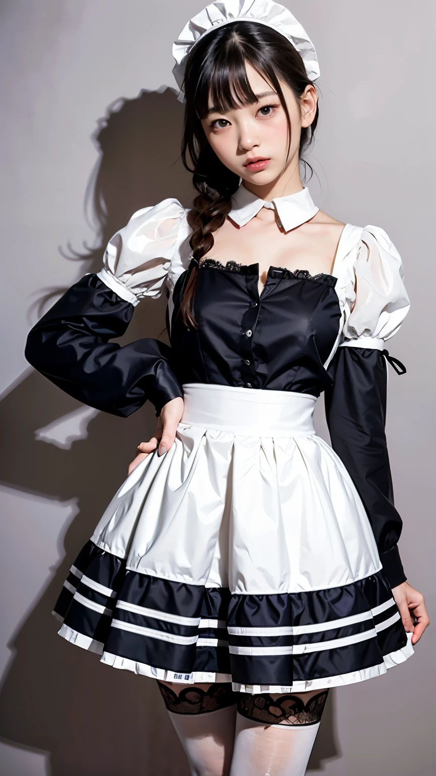 Maid clothesを着た女の子、16 years old、Maid clothes、No sleeve、mini skirt、master piece:1.3)、(clear pictures)、Raw photo、(highest quality、master piece:1.2)、realistic skin texture、(detailed background : 1.2)、