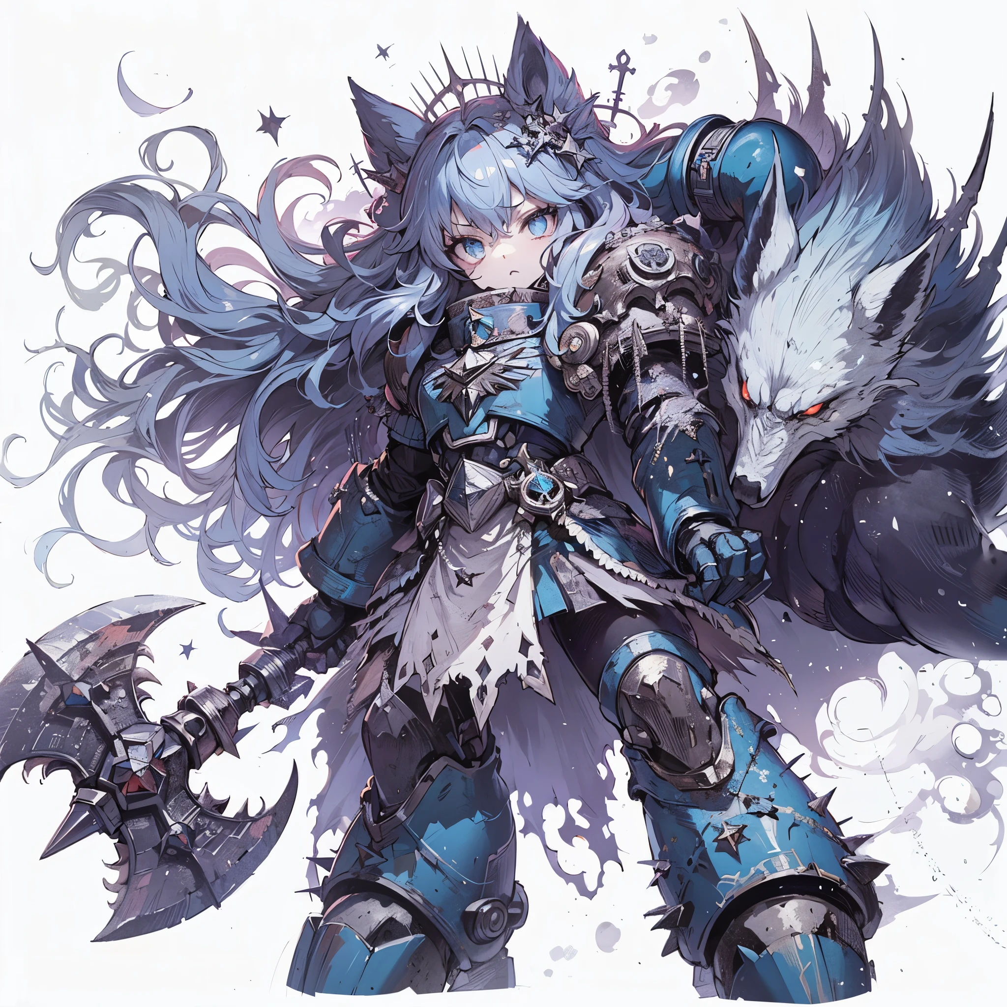Masterpiece, best quality, ultra-detailed, anime style, full body of cute Chaos space marine girl, Wolfish daemon primark girl, wild barbarian, sinister and ominous aura, horrifying claws, pale blue power armor and a rough axe, high-boots, Warhammer 40K, supernatural Lightning and ice, ((Eight-pointed star symbol)), 8k high resolution, trending art station, white background, whole body,