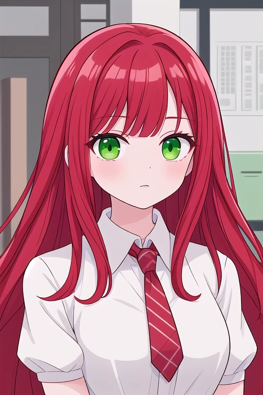 ((best quality)), ((masterpiece)), (detailed), perfect face, woman wearing office clothes, red hair, long hair, green eyes,cartoon, painting, illustration, (worst quality, low quality, normal quality:2)