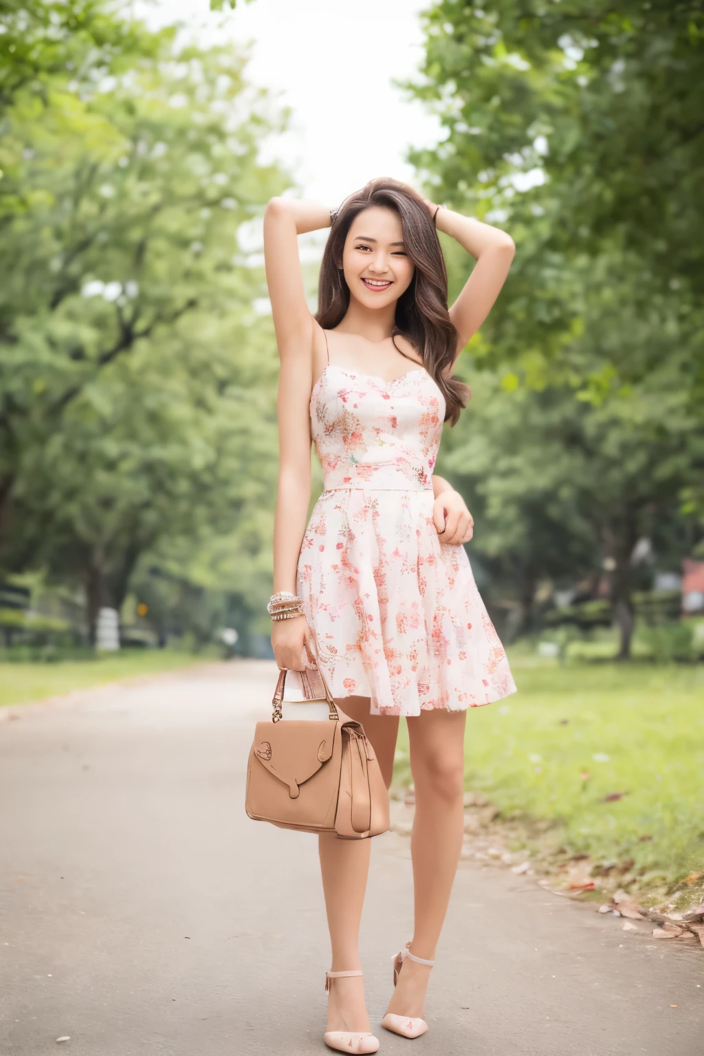 Dslr photo, (8k, 4k, masterpiece),beautiful pretty filipina asian woman, smiling, laughing, sunny, summer, bright, (girly), (feminine), outdoors, street, spaghetti strap pink floral skirt, cute summer dress, long dark hair, bracelets, arm bands, blurry background, (lower hands on hips), (elbows out), high heels, single foot raised, cute, full subject in frame, full body view, holding purse, front view, (upper hands on head), (extraarms:1.2), (four arms:1.2), bare shoulders, armpits
