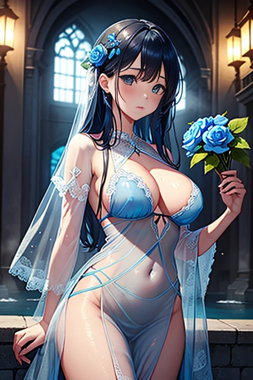(highest quality, 8K, 32K, masterpiece, UHD: 1.3), 1 female, (Oversized: 1.3), perfect figure,, (attractive), (Sheer skin)) 、((((Transparent see-through dress))))、see-through dresses、lace sheer dress、Transparent dress、Sheer skin、Transparent dressを着た美しい裸の女性、solo、best style、big breasts、The most beautiful in the world、unparalleled beauty、long hair、 ((Roman baths)),、Blue lighting. concept art stunning atmosphere, blue atmosphere, beautiful concept art, Dark majestic gorgeous waterside、(blue water辺、blue water)、blue fountain、blue pottery、Blue Wall、Blue floor、blue reflection、blue window、get wet in blue water、Blue light、blue flower、Blue roses、blue lantern、Expressive、sexy pose、sexy design、pink nipples