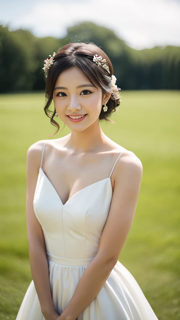 1 woman、Wedding、Beautiful style、Super high quality、whole body、beautiful skin、Japanese、innocent smile、Pull angle of view、realistic pictures、delicate、clear、white background、pink dress、very short hair