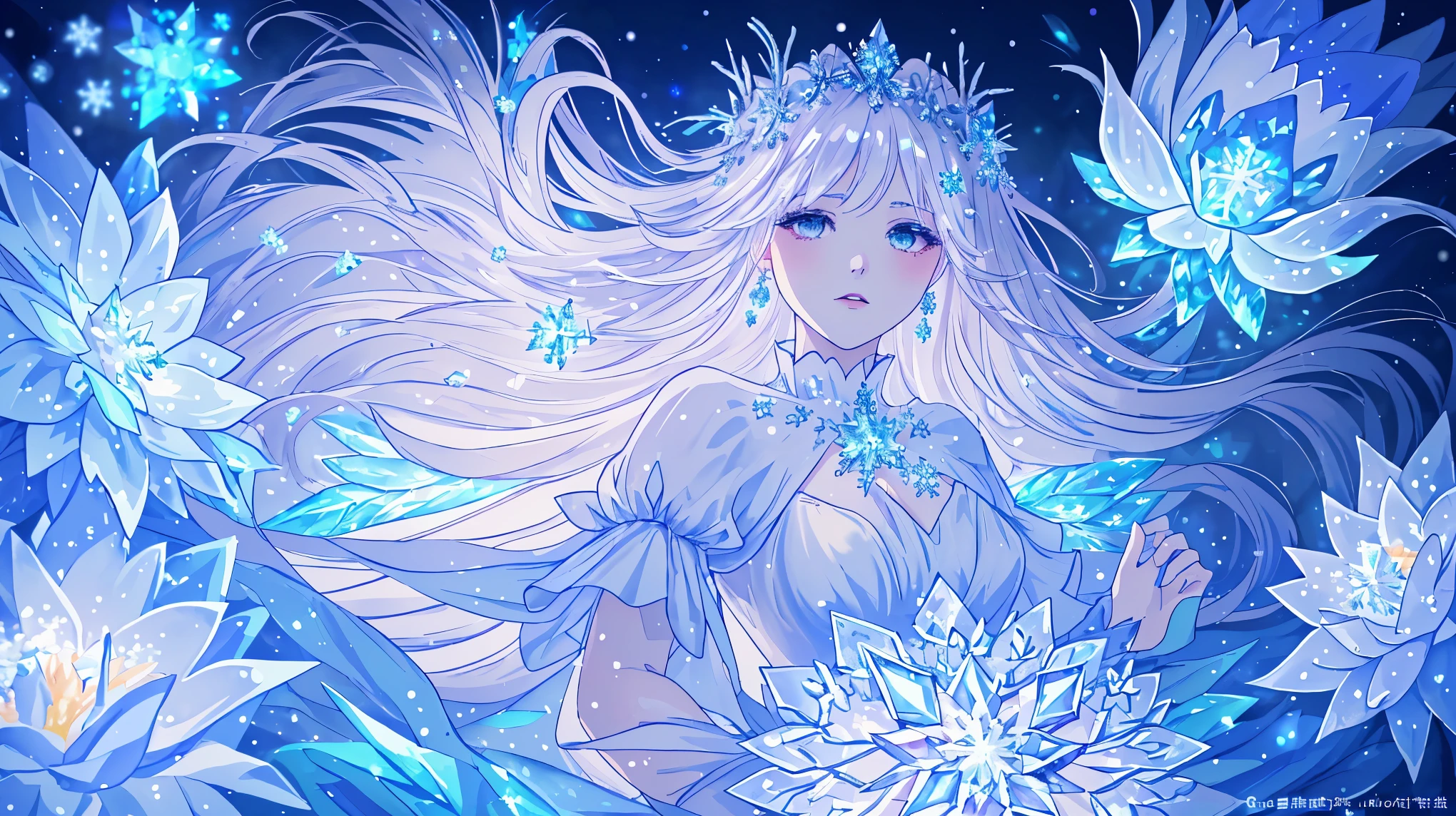 8K resolution，highest quality，Ultra-clear details，queen of ice:1.3，snowflake，Sea of flowers:1.4，goth style，white hair，Epic composition，Fairy temperament，untidy，masterpiece，gentle，，soft