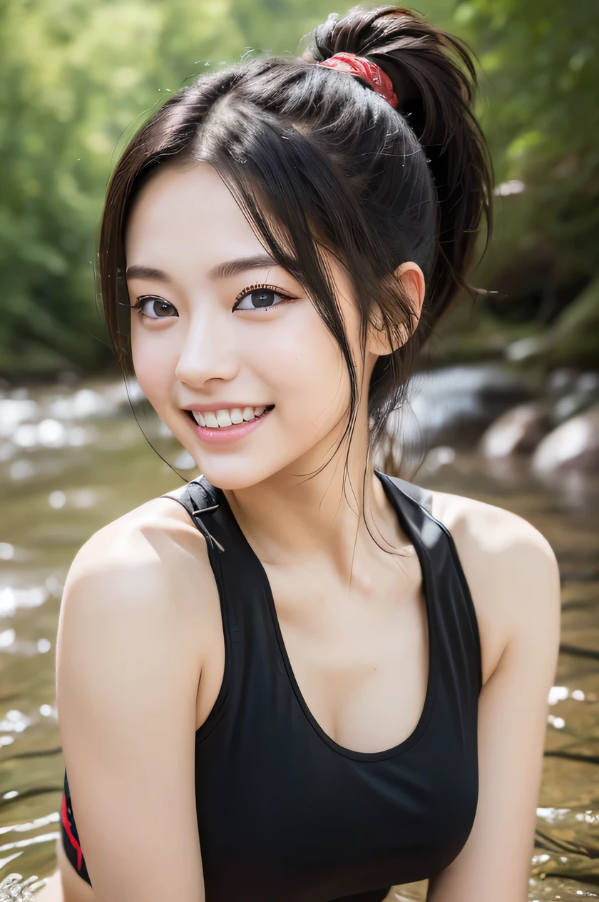 The beauty of 8K raw photos:2.0, ponytail,15 years old, great face and dark eyes, stare at the camera, A smile full of joy:1.6, show teeth, dynamic pose, Run dashingly through, （red and black sportswear:1.2)、 realistic:1.9, very detailed CG 統合 8k 壁紙, very detailed, High resolution RAW color photos, professional photos, Photographed at a river deep in the mountains, girl sexy portrait