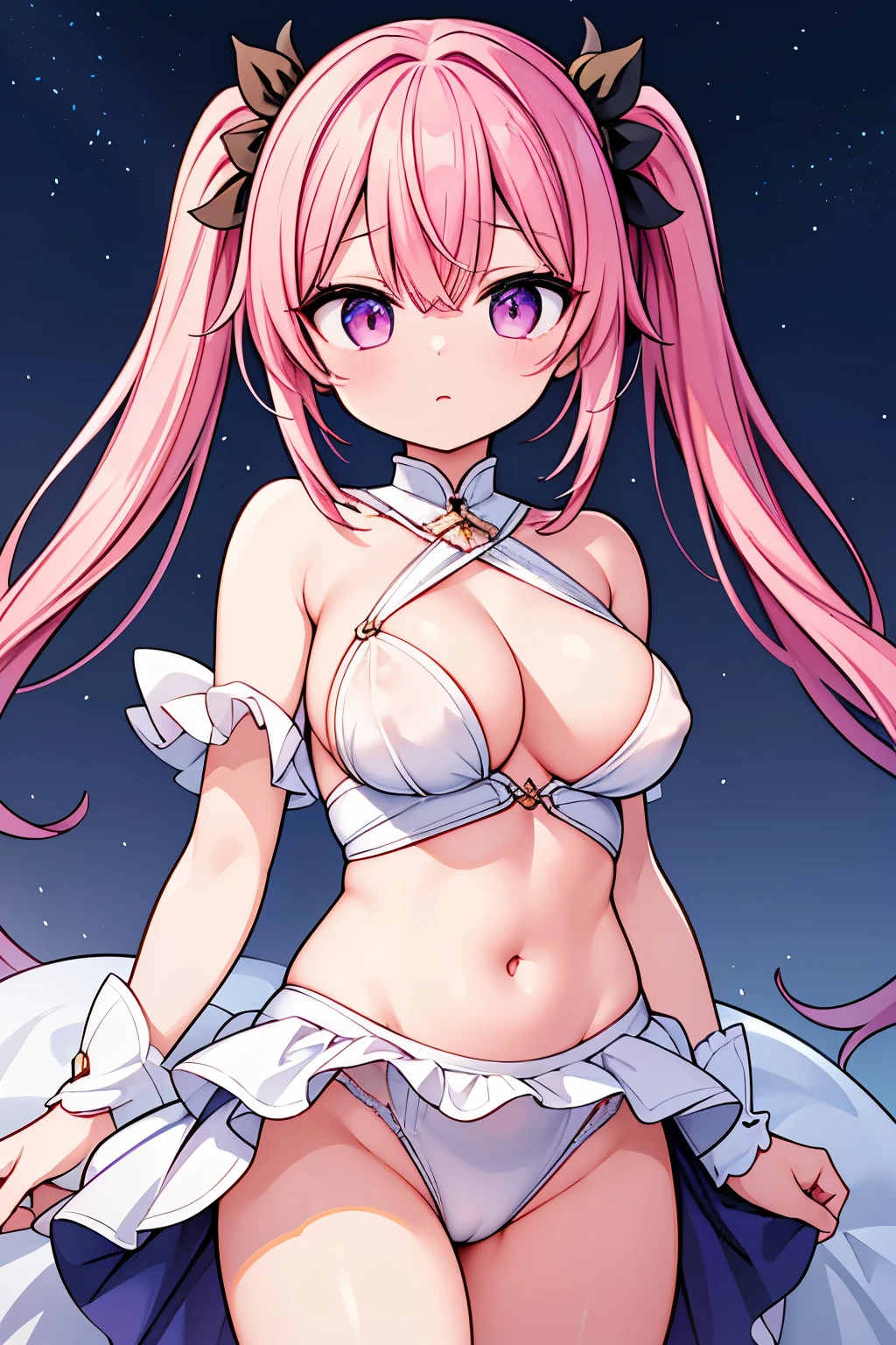 ((highest quality)), ((Masseter muscle part)), (super detailed:1.4),(32,000 images),(ultra high 詳New),best anime,sharpness,The best wallpapers,amazing depiction,golden ratio, control the wind:1.5,Manipulation of light,(Perfect anatomy without destruction),(緻密で詳細な美right瞳,glossy eyes),(shiny hair:1.1,),(緻密で緻密な美right顔緻密で緻密な美right肌),(Expressionless:1.2),Because I'm slender,slim belly, pink haired, Pigtails、((big breasts)), pointed nipples、thin waist,belly button,The 詳New, 詳New, The shining white costume is divine々New々right々right.々right,緻密で詳細な美right装飾,gem),full moon:1.1, Backgrounds with depth:1.3,hair ornaments,starry sky, ((Shoot from the front))