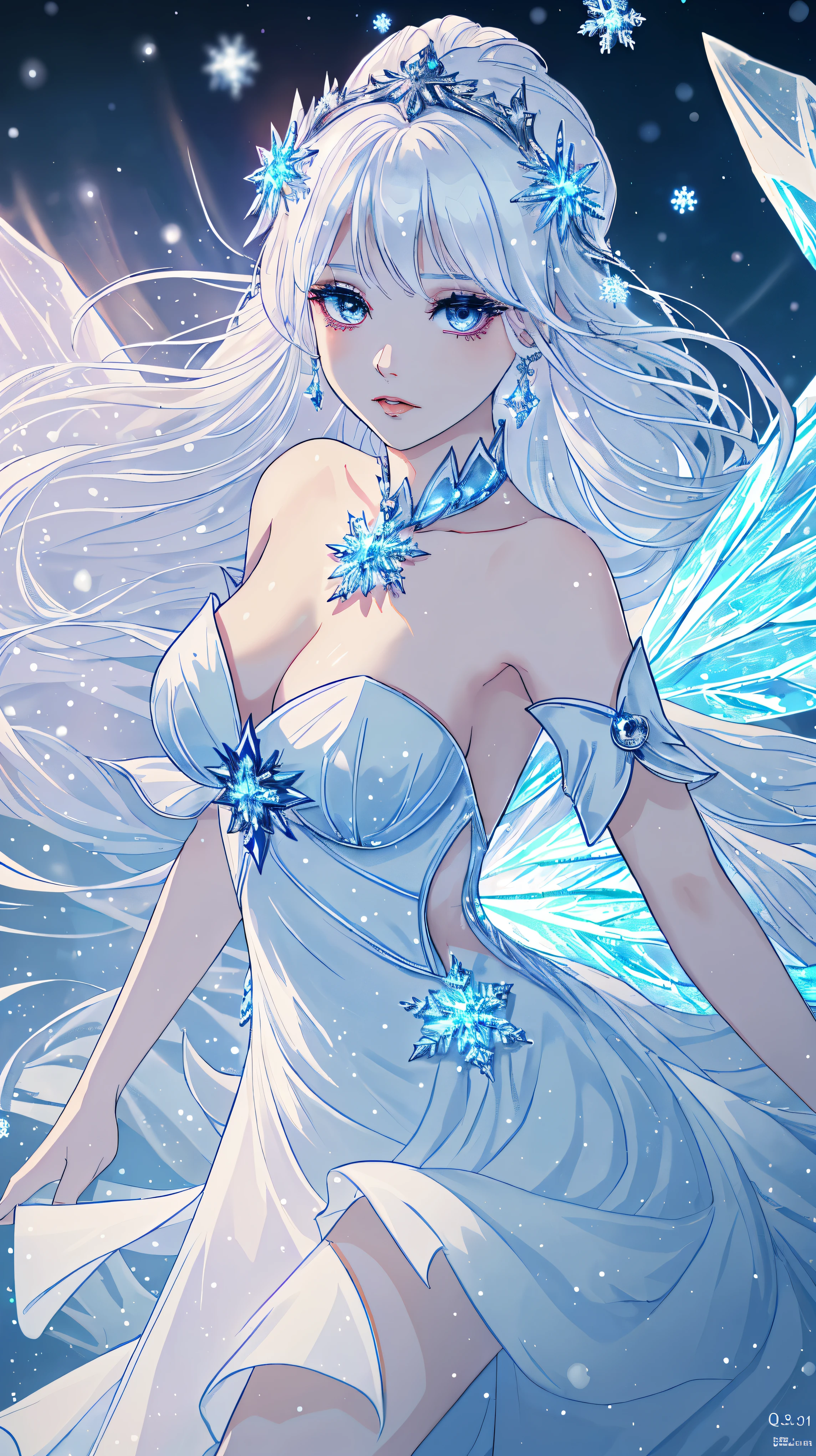 8K resolution，best quality，Super clear details，Ice Queen:1.3，snowflake，skirt，goth style，white hair，epic work，Fairy temperament，untidy，masterpiece，Moderate，，soft