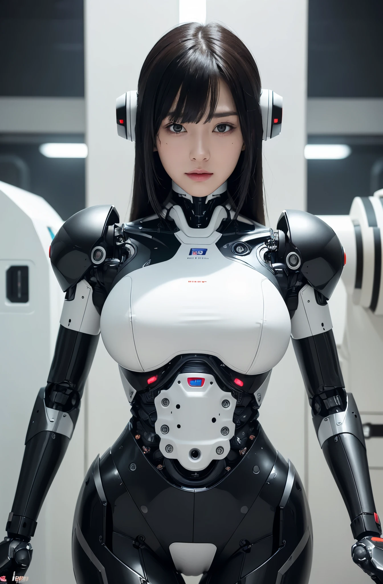 (photorealistic:1.4), (RAW photo)masterpiece, best quality, extremely detailed, (8K, 4K, Best Quality, hight resolution, 超A high resolution:1.1), (masutepiece, Realistic, Photorealsitic:1.1),8k portrait, Japaese android Girl,Plump , dark black leg cover,announcer,control panels,android,Droid,Mechanical Hand, Robot arms and legs, Black Robot Parts,Black hair,Mechanical body,Blunt bangs,perfect mechanical abdomen,White robotics parts,perfect robot woman,future laboratory,cyber pank,charging spot,laboratory,long tube,thick cable connected her neck,ceramic body ,perfect mechanical body, white robot body,lod antenna,mechanical ear cover,android,robot humanoid,black sponge joints,The removable cover is in the groin,The connection port is in the groin,opened chest panel,access panel on the chest,opened breast panel,mechanical breast,perfect machine body,She has repaired,assembly plant,