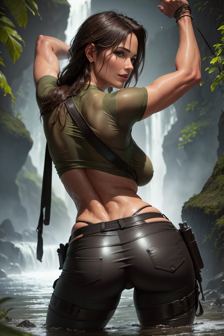 Rear view. Lara Croft standing waist-high in a river in the jungle at night. Wet body. Wet clothes. Wet see-through grey shirt. She is soaking wet. Wet hair. Beautiful face. Perfect anatomy. Arms by her side. Wearing skin tight Khaki trousers. Enigmatic smile. Nipples