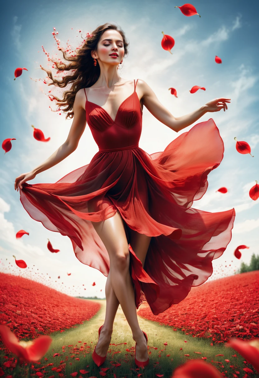 arafed woman in a red dress is dancing in a flowery field, dancing gracefully, sensual dancing, best on adobe stock, falling red petals, portrait shot, rich red colors, perky woman made of petals, dramatic powerful pose, beautiful digital artwork, fine art fashion photography, dramatic elegant pose, elegant and graceful, red and cinematic lighting