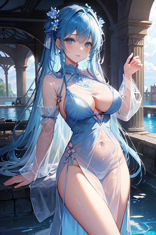 (highest quality, 8K, 32K, masterpiece, UHD: 1.3), 1 female, (Oversized: 1.3), perfect figure,, (attractive), (Sheer skin)) 、((((Transparent see-through dress))))、see-through dresses、lace sheer dress、Transparent dress、Sheer skin、Transparent dressを着た美しい裸の女性、solo、best style、big breasts、The most beautiful in the world、unparalleled beauty、long hair、 ((Roman baths)),、Blue lighting. concept art stunning atmosphere, blue atmosphere, beautiful concept art, Dark majestic gorgeous waterside、(blue water辺、blue water)、blue fountain、blue pottery、Blue Wall、Blue floor、blue reflection、blue window、get wet in blue water、Blue light、blue flower、Blue roses、blue lantern、Expressive、sexy pose、sexy design、pink nipples