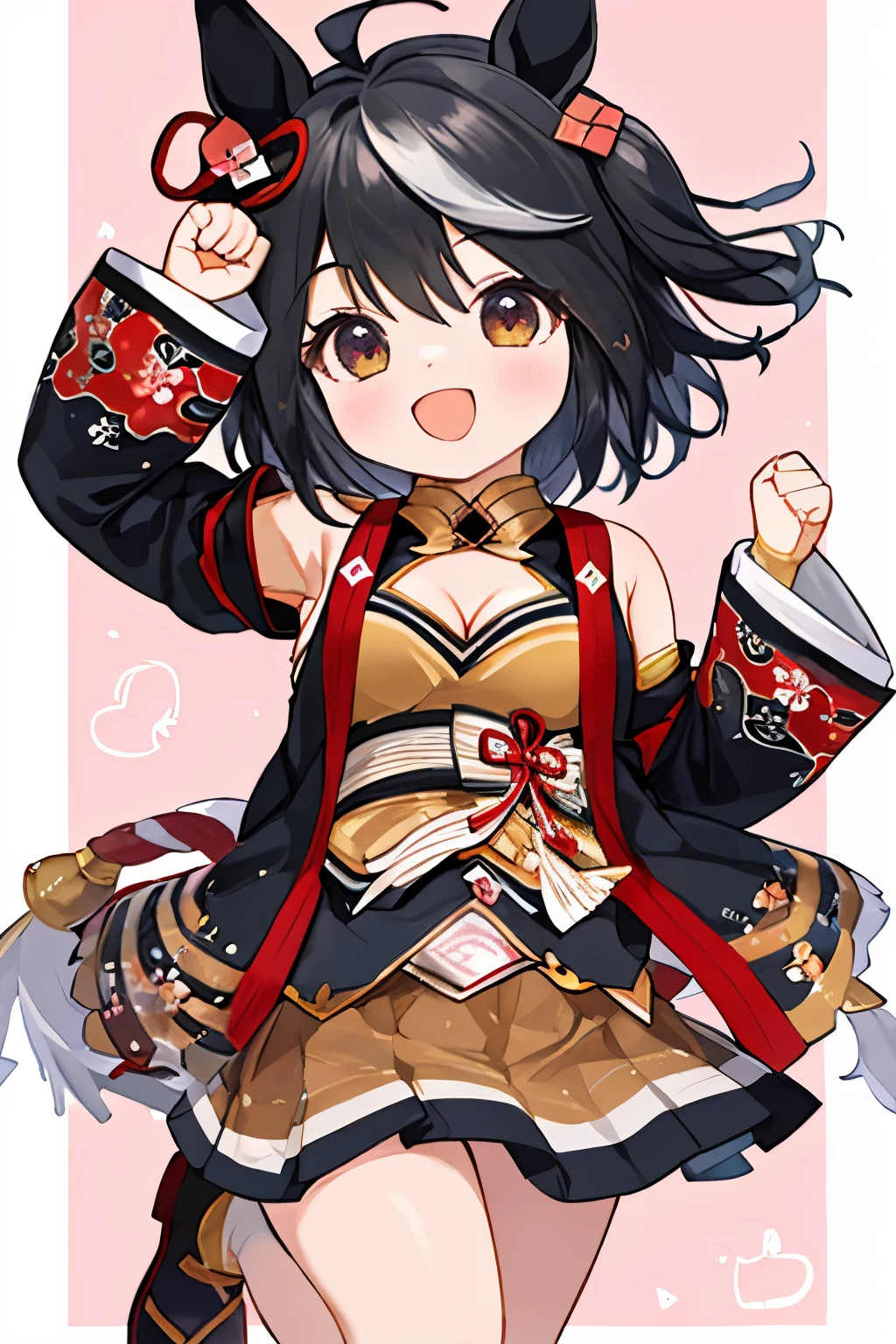 ((masterpiece,highest quality、ultra detail)), disorganized, Kitasan_black_umamusume, animal ears, short hair,two side up、 striped hair, hair ornaments, medium breasts, horse tail, cleavage, clothing clippings, removed sleeve, shimenawa, skirt, blackニーソ, alone, open your mouth、smile, looking at the viewer, Wink、whole body、jump cheerfully、raise one leg、Raise your right fist into the air