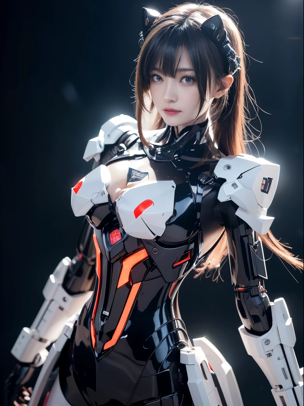 (Fight against mechanical robot soldiers)、top-quality、masterpiece、超A high resolution、(Futuristic machine gun、holding knive),(Wearing a futuristic hat)、(Photorealsitic:1.4)、Raw photo、女の子1人、Black hair、glowy skin、((1 Mechanical Girl))、((super realistic details))、portlate、(Small LED lamp)、Wire tubes that glow all over the body、(With state-of-the-art weapons),globalillumination、Shadow、octan render、8K、Armpit、ultrasharp、Colossal tits、Small LED lamp、Raw skin is exposed in cleavage、metals、blood vessels connected to tubes、With weapons、Red bodysuit、Armpit、Cyberpunk city background、Details of complex ornaments、Japan details、highly intricate detail、Realistic light、CGSoation Trends、Blue eyes、radiant eyes、Facing the camera、neon details、(Helmet of the Brave)、Mechanical limbs、blood vessels connected to tubes、Mechanical vertebrae attached to the back、mechanical cervical attaching to neck、Wires and cables connecting to the head、Gundam、Small LED lamp、Toostock、Toostock、Futuristic machine gun、Knives、(Red Metallic Bodysuit),