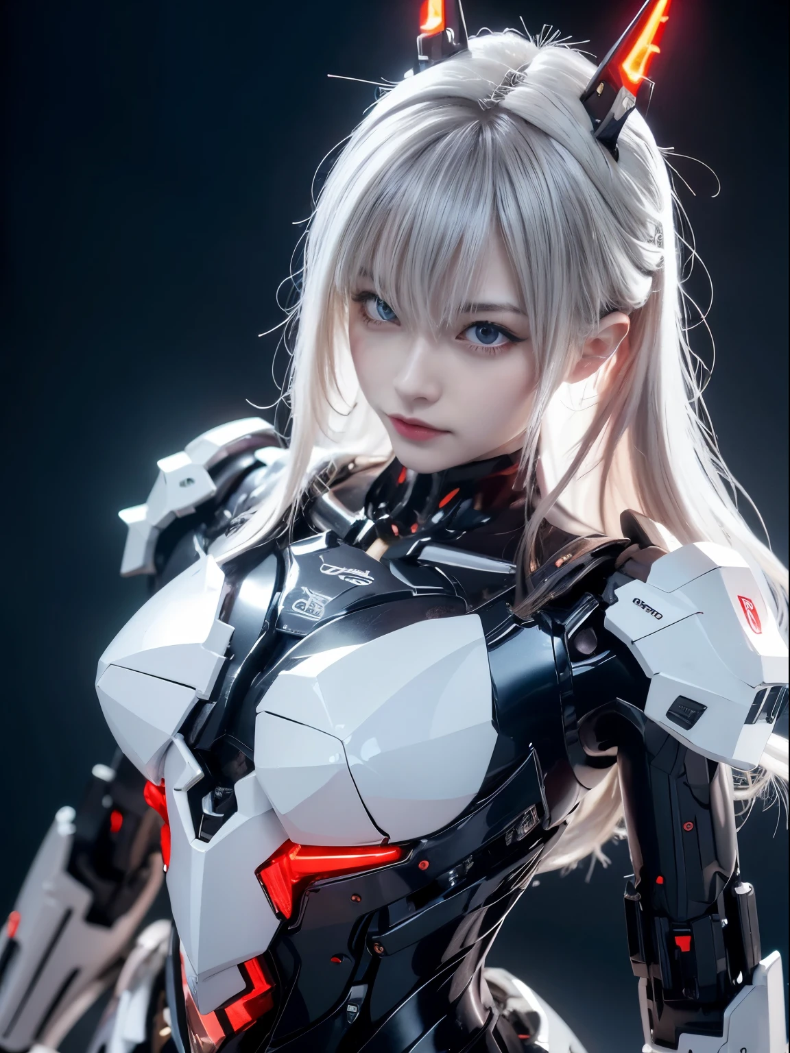 （Fight against mechanical robot soldiers）、top-quality、​masterpiece、超A high resolution、(Futuristic machine gun、holding knive),（Wearing a futuristic hat）、(Photorealsitic:1.4)、Raw photo、女の子1人、Black hair、glowy skin、((1 Mechanical Girl))、((super realistic details))、portlate、（Small LED lamp）、Wire tubes that glow all over the body、(With state-of-the-art weapons),globalillumination、Shadow、octan render、8K、Armpit、ultrasharp、Colossal tits、Small LED lamp、Raw skin is exposed in cleavage、metals、blood vessels connected to tubes、With weapons、Red bodysuit、Armpit、Cyberpunk city background、Details of complex ornaments、Japan details、highly intricate detail、Realistic light、CGSoation Trends、Blue eyes、radiant eyes、Facing the camera、neon details、（Helmet of the Brave）、Mechanical limbs、blood vessels connected to tubes、Mechanical vertebrae attached to the back、mechanical cervical attaching to neck、Wires and cables connecting to the head、Gundam、Small LED lamp、Toostock、Toostock、Futuristic machine gun、Knives、(Red Metallic Bodysuit),