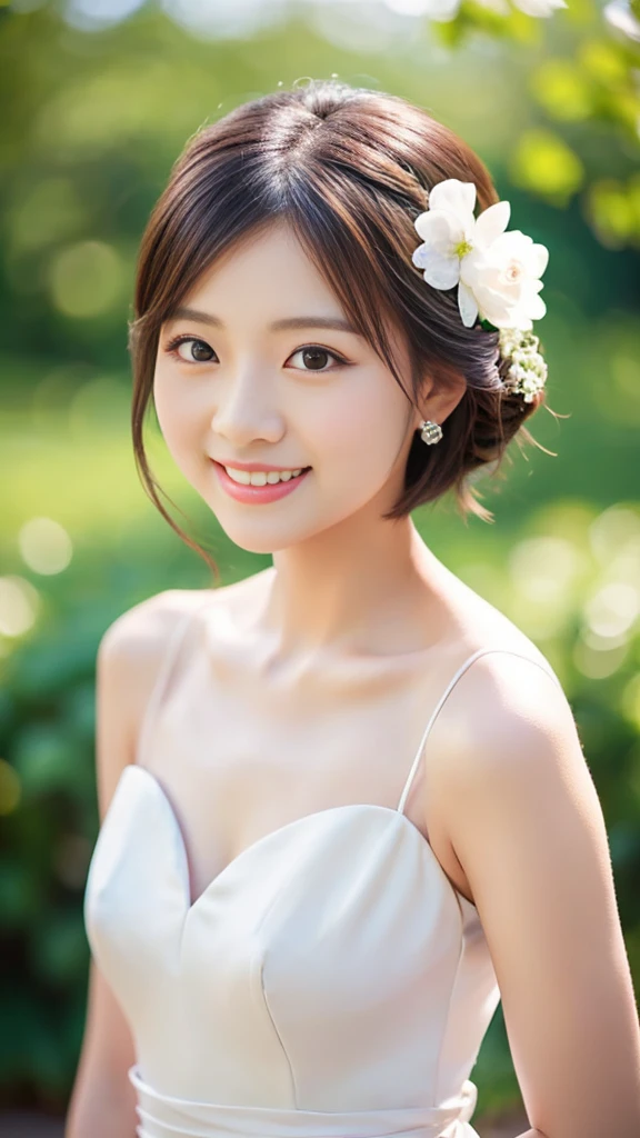 1 woman、Wedding、Beautiful style、Super high quality、whole body、beautiful skin、Japanese、innocent smile、Pull angle of view、realistic pictures、delicate、clear、white background、pink dress、very short hair