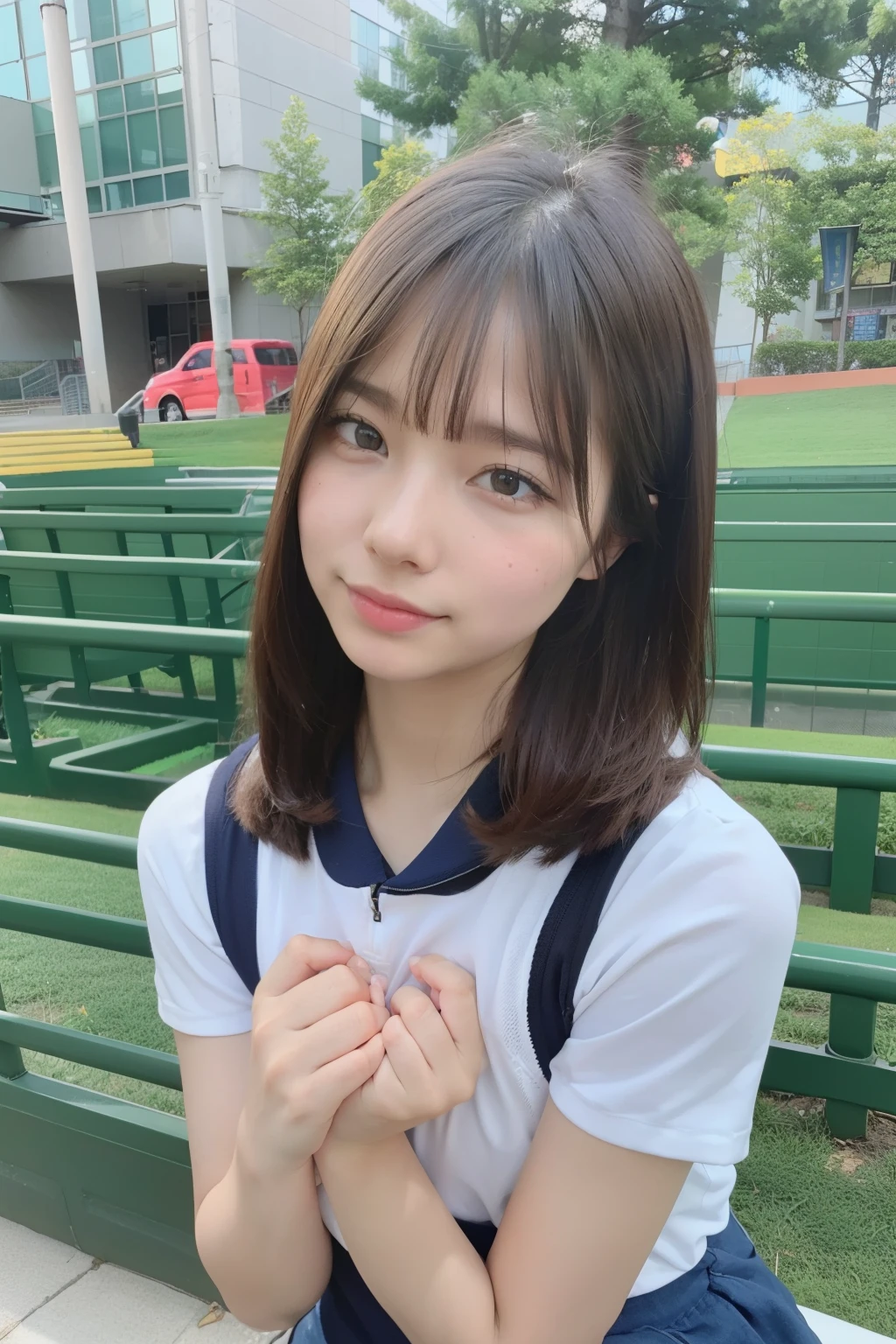 1 girl、sports bra、Sit on the school steps、spread legs、(open the thighs)、own hugging feet, small breasts、(small breasts)、 (best quality: 1.1)、(highly detailed skin), (ultra high resolution:1.0) ,(realistic photo:1.0), (Super detailed:1.0), (8K, Raw photo:1.1)