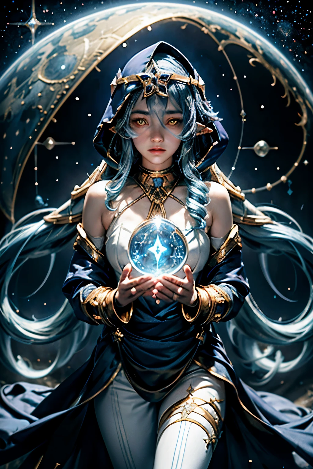 (1 girl solo, long flowy blue hair, yellow eyes, blue and white clothes, white leggings, blue hood, golden details and accessories, bare shoulders) ((portrait closeup shot, floating in space)) (masterpiece), (best quality:1.4), absurdres, [:intricate details:0.2], 1girl, Flowing robes, intricate magical circles, glowing map of the stars and constellations and galaxies, shimmering aura, intense focus, arcane incantations, crackling energy, levitating artifacts, flickering candles, swirling mist, sparkling stars, mystical crystals, glowing sigils, otherworldly chanting, mysterious symbols, powerful invocation, transcendent awareness, cinematic light, cinematic shot, dramatic shot, movie poster aestethic