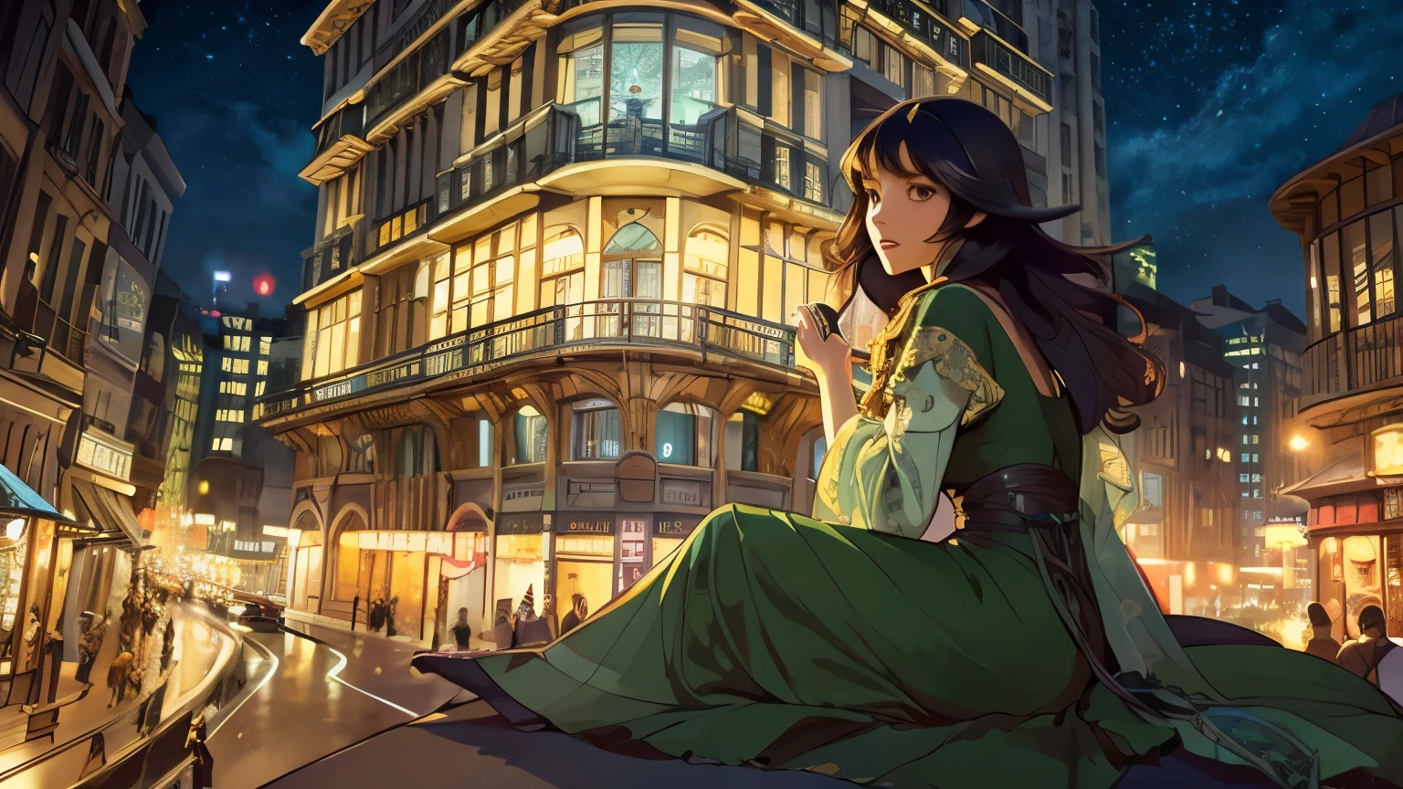sitting、troubled expression、1 woman、Night town、Urban hustle and bustle、building、moon、masterpiece, 最high quality, high quality, very detailed CG unified 8k wallpaper, Beautiful landscape painting, award-winning photography, Bokeh, Depth of bounds written, HDR, color difference, realism, very detailed, Art Station Trend, CG Society Trends, Complex, high detail, Drama,color is uniform, tone is even, and the overall atmosphere is high end. Poster art is inspired by Alphonse Mucha, pixiv, nowi, animation new, Mucha Style 4K, Alphonse Mucha style, demura and Alphonse Mucha style, Flat Shading Mucha.
