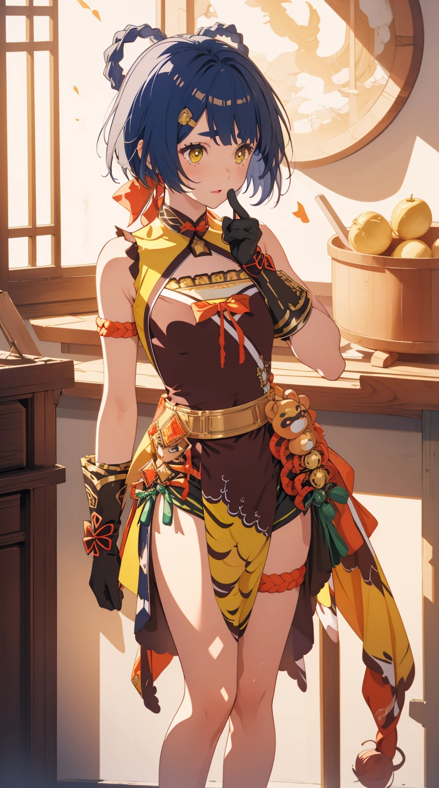 girl, solo, full body, from head to toe,

xiangling \(genshin impact\),1girl,blue hair,short hair,thick eyebrows,hairclip,hair rings, braid,yellow eyes,bow,glove,chinese clothes, sleeveless,bare shoulders, pelvic curtain,belt,