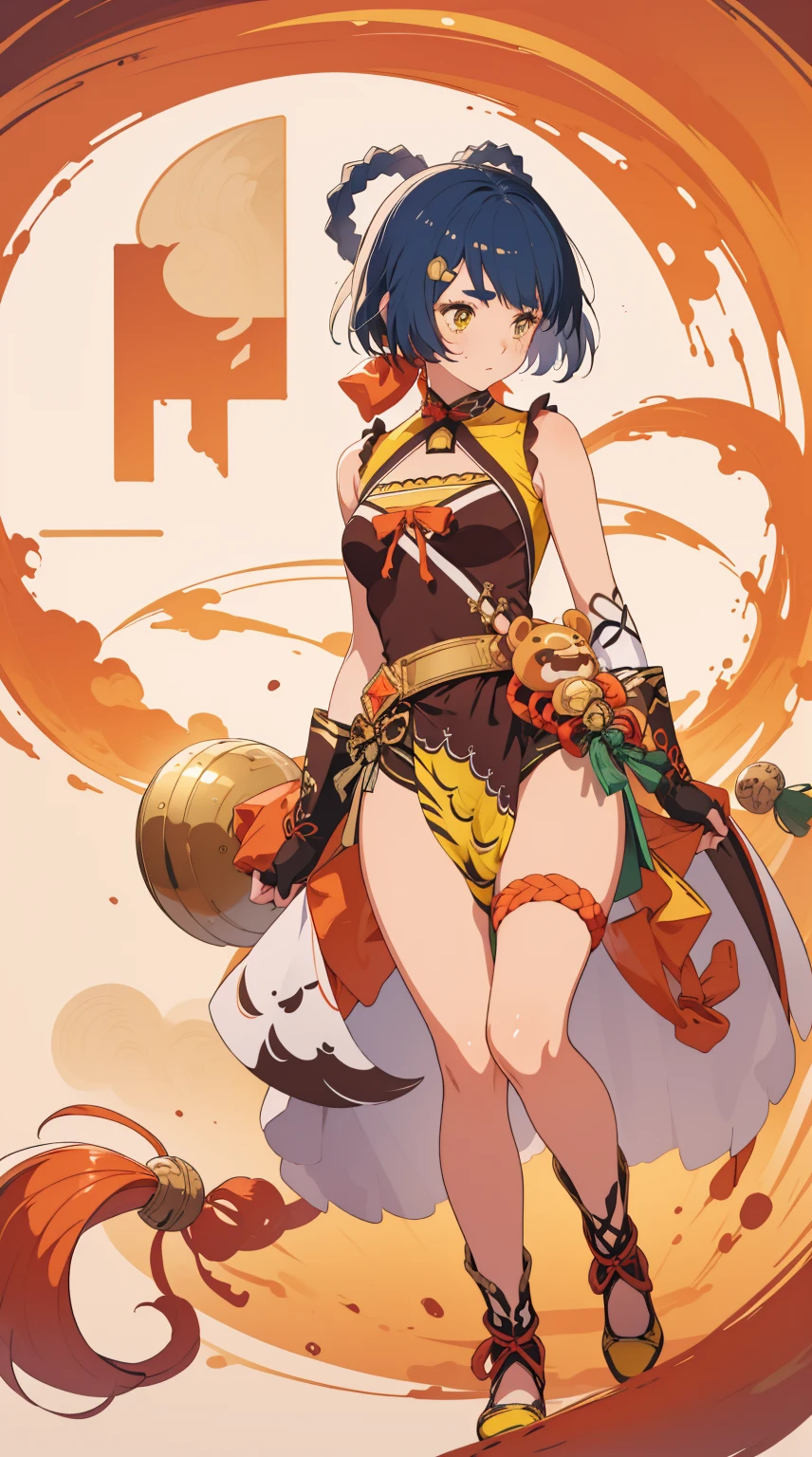 girl, solo, full body, from head to toe,

xiangling \(genshin impact\),1girl,blue hair,short hair,thick eyebrows,hairclip,hair rings, braid,yellow eyes,bow,glove,chinese clothes, sleeveless,bare shoulders, pelvic curtain,belt,