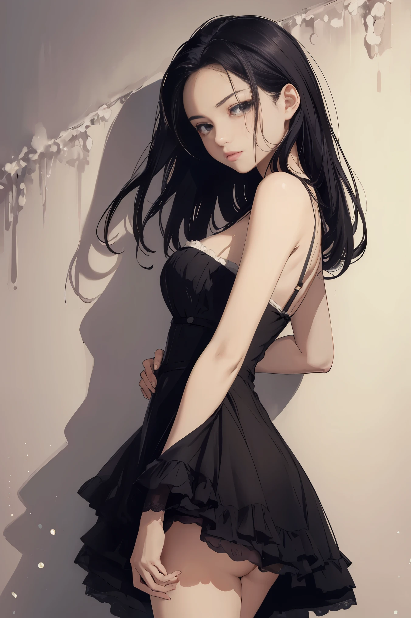 ((highest quality)), ((masterpiece)), (become familiar with), perfect face is sad Are crying girl dark room one piece tears anxious face Are crying black hair Slightly looking down standing up straight The whole body is shown beautiful woman