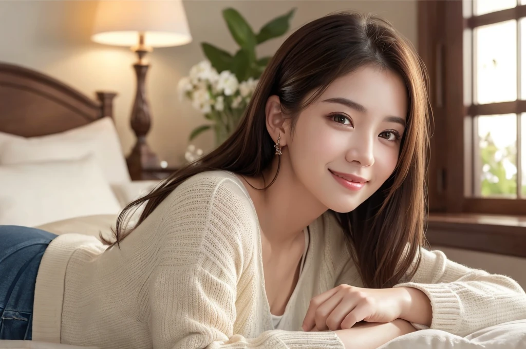 (8K、highest quality、masterpiece:1.2)、(realistic、フォトrealistic:1.37)、Super detailed、1 girl、Beautiful woman、cute、alone、(lazy smile:1.15)、(closed your mouth)、beautiful eyes、(length:1.2)、Upper body、