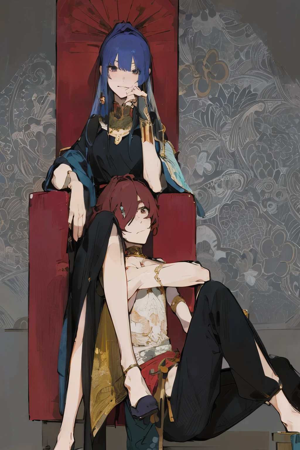 Anime style illustration,A woman sits on a red throne,A man sits next to her, harem, Queen and her guards, Change the background to the palace