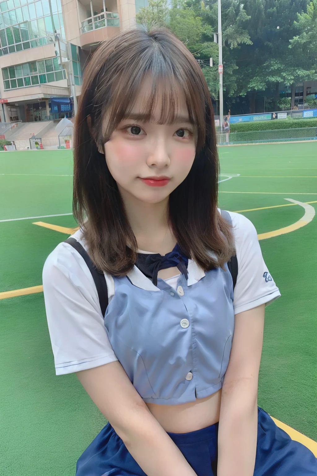 1 girl、sports bra、Sit on the school steps、spread legs、(open the thighs)、own hugging feet, small breasts、(small breasts)、 (best quality: 1.1)、(highly detailed skin), (ultra high resolution:1.0) ,(realistic photo:1.0), (Super detailed:1.0), (8K, Raw photo:1.1)