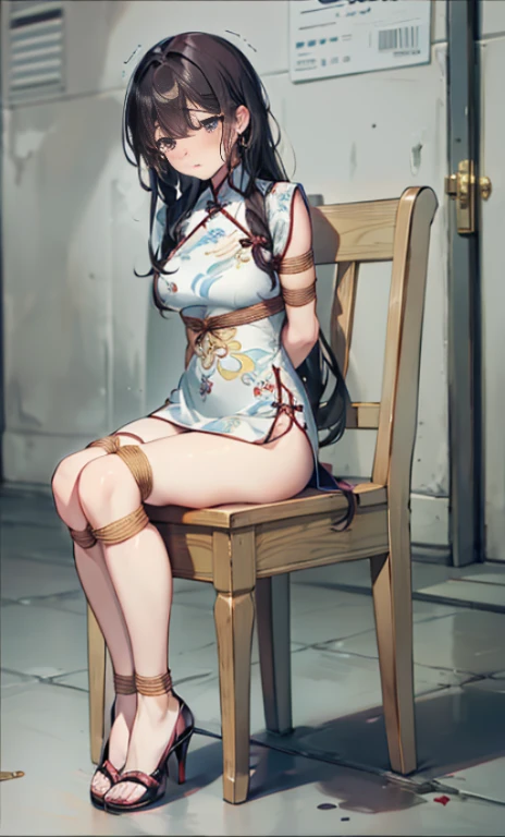 masterpiece, best quality,alone,((Imprisoned)),((blush)), ((tears)), (()),((Exhausted)),((High heel)),((cheongsam)), (((()))),((arms_behind_Back)),(()), ((Bondage)),((chaili)),cell