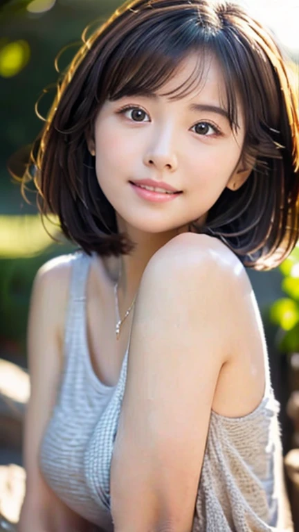 Baby Faced Girl, Small bust, Detailed eyes and lips, beautiful short hair、Delicate facial features, is wearing dress, bask in the warm sunshine, Enjoy the breeze, Exquisite brushwork, Capture every delicate detail, hight resolution, Vivid colors, Super masterpiece:1.2, Soft pastel color palette, highlight the girl&#39;innocence and purity, Natural lighting, creating a warm and inviting ambience、Unusual look、rosy cheeks、On the bed in the bedroom、sexy  pose