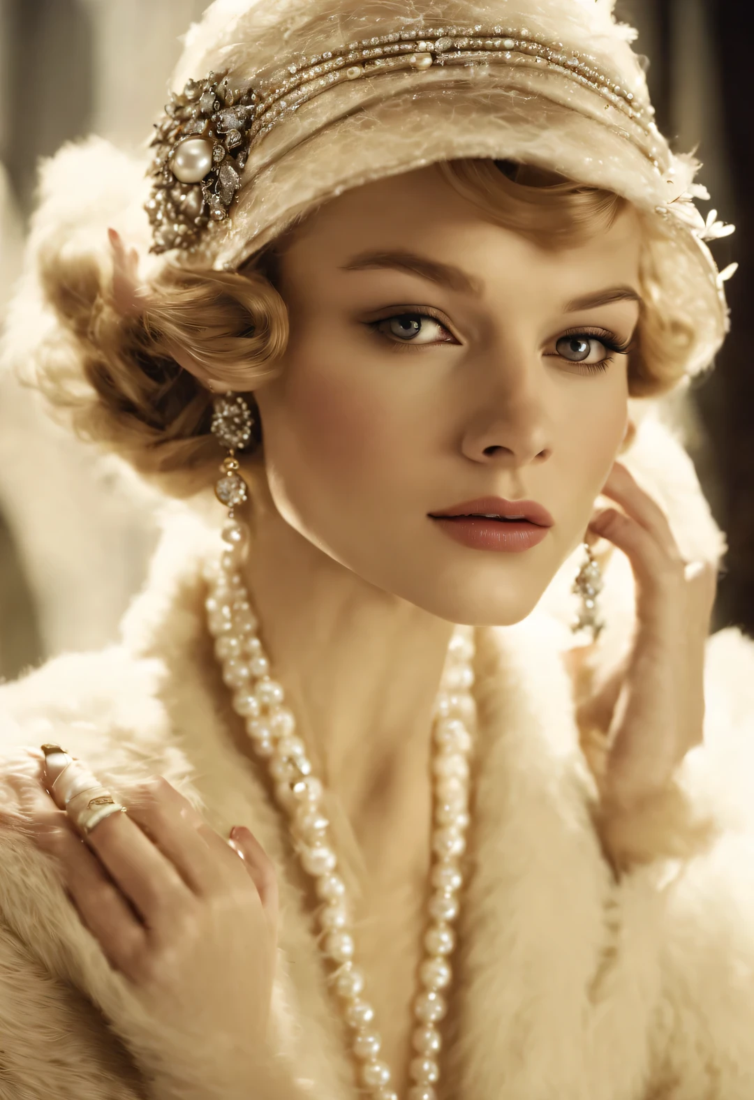 magazine design style , portrait，
（Carey Mulligan (Carey Mulligan) Sitting at the table wearing a high-end fur coat），stills ，vintage ，The atmosphere of the 1920s, Art Deco， （blond：1.34），（Fur coat has delicate texture，smooth visible velvet），Wear pearl jewelry，Advanced custom lace clothing，perfect fingers，（bright, White skin），（Stacking accessories），Luxurious and plump pearls，everything is clear，Composed of beads and brilliant diamonds，Pearls are usually round，（Each bead is the same size），Carefully selected、burnish，Smooth and delicate surface，Soft shine，Diamonds are the most dazzling part，They are cleverly mounted on metal frames，Contrast with pearls，Make the whole bracelet look noble and elegant，gorgeous、Exquisitely crafted diamond rings and bracelets，tiara jewelry，Dressed in 1920s fashion, 1920s hairstyles, 1 9 2 0 s style, 1 9 2 0 clothes, 1 9 2 0 s fabric style,Art Deco，(best quality,8k,high resolution,，super detailed,(actual,lifelike,lifelike的:1.37),super clear，portrait,Creative style artwork,,classical,