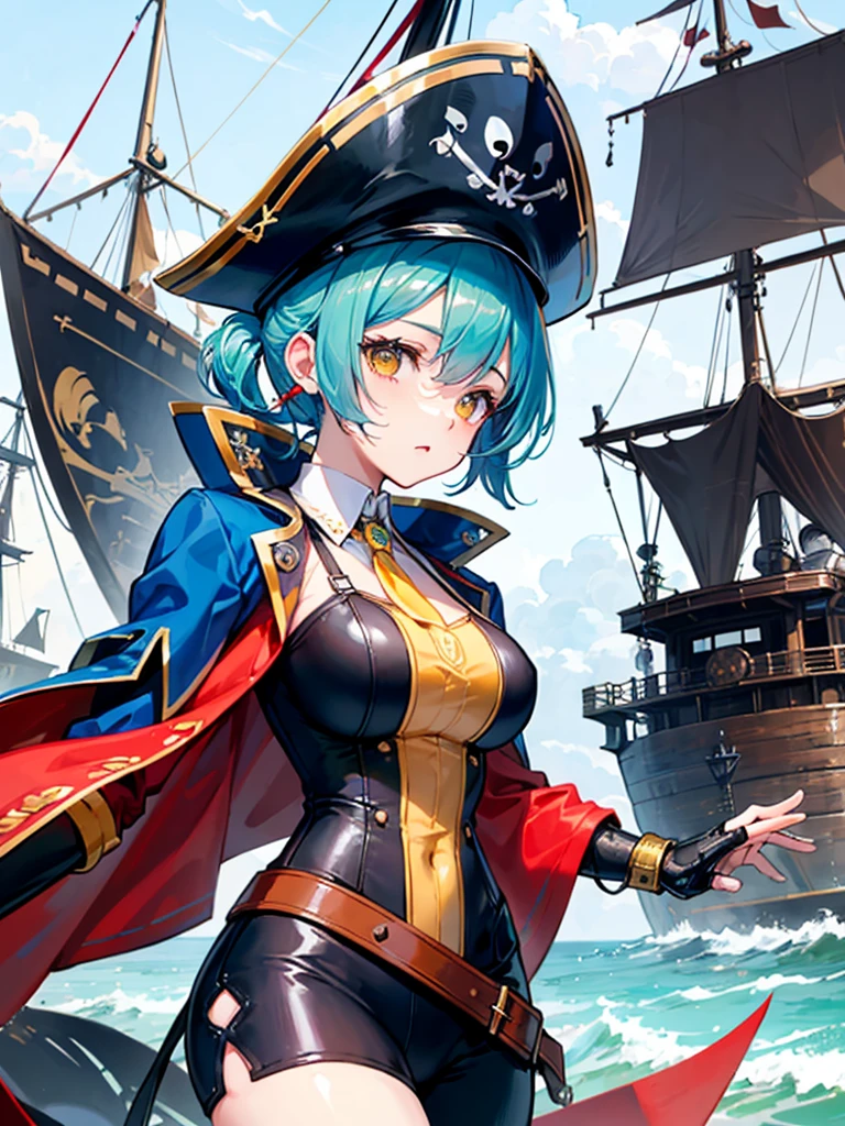 （（（masterpiece、Highest image quality、highest quality、highly detailed unity 8ｋwallpaper）））、（（Illustration of one girl、upper body））、（（（beautiful girl）））、（fantasy、female pirate）、（Light light blue hair、short ponytail：1.2、yellow eyes）、（（（Right hand is a prosthetic hand、steampunk prosthetic arm）））、（（tall））、bulky figure, massive frame, thick neck, sturdy arms, powerful legs、（captain&#39;s suit、Pirate hat、Blue coat）、pier、pirate ship anchored、Wooden sailing ship
